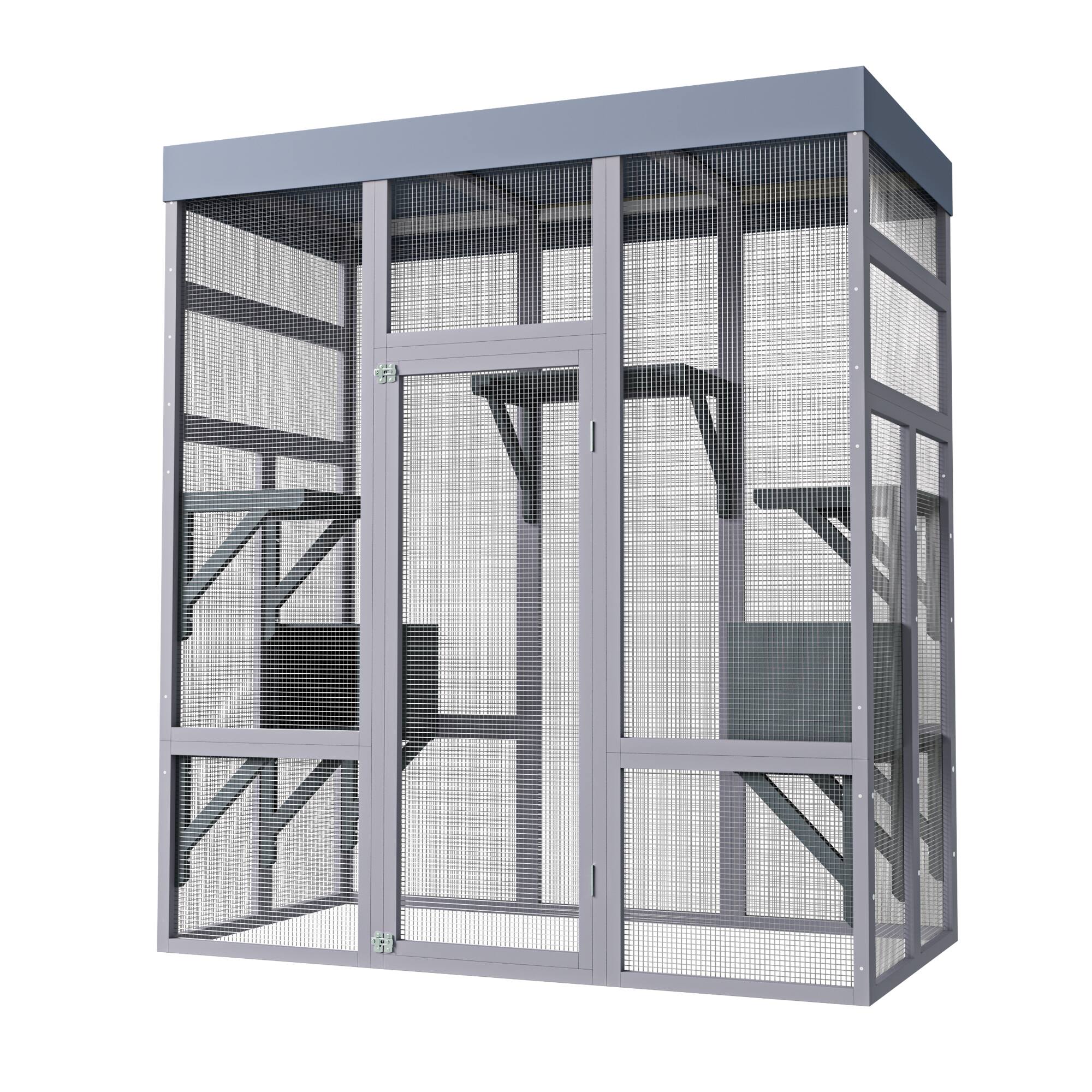 Alt View 2. Siljoy - 62.6" Outdoor Catio with Waterproof Roof, 2 Napping Houses, Platforms & Galvanized Mesh Cat House.