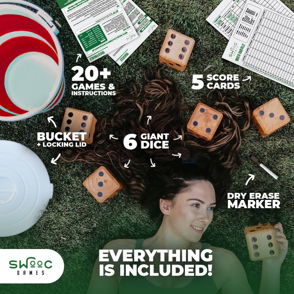 DILHS YARDFARKLE YAROZEE  
20+ GAMES & INSTRUCTIONS  
NASiC SWROC YARDFARKLE YARD SCORE  
5 CARDS BUCKET + LOCKING LID  
GIANT 6 DICE  
DRY ERASE MARKER  
EVERYTHING SWC SW GAMES IS INCLUDED!
