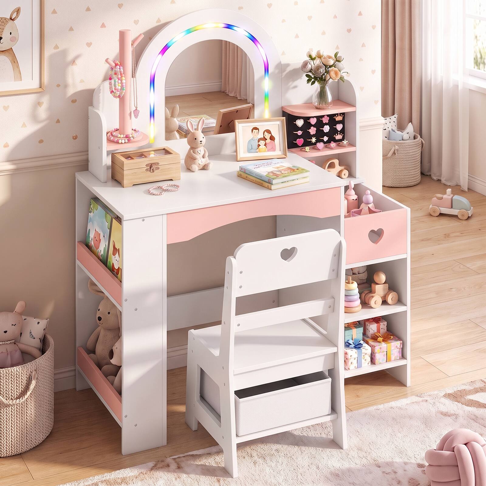 Alt View 1. Costway - Costway Kids Vanity Set with Colorful LED Lights & Jewelry Stand, Chair, Storage Shelves - White.