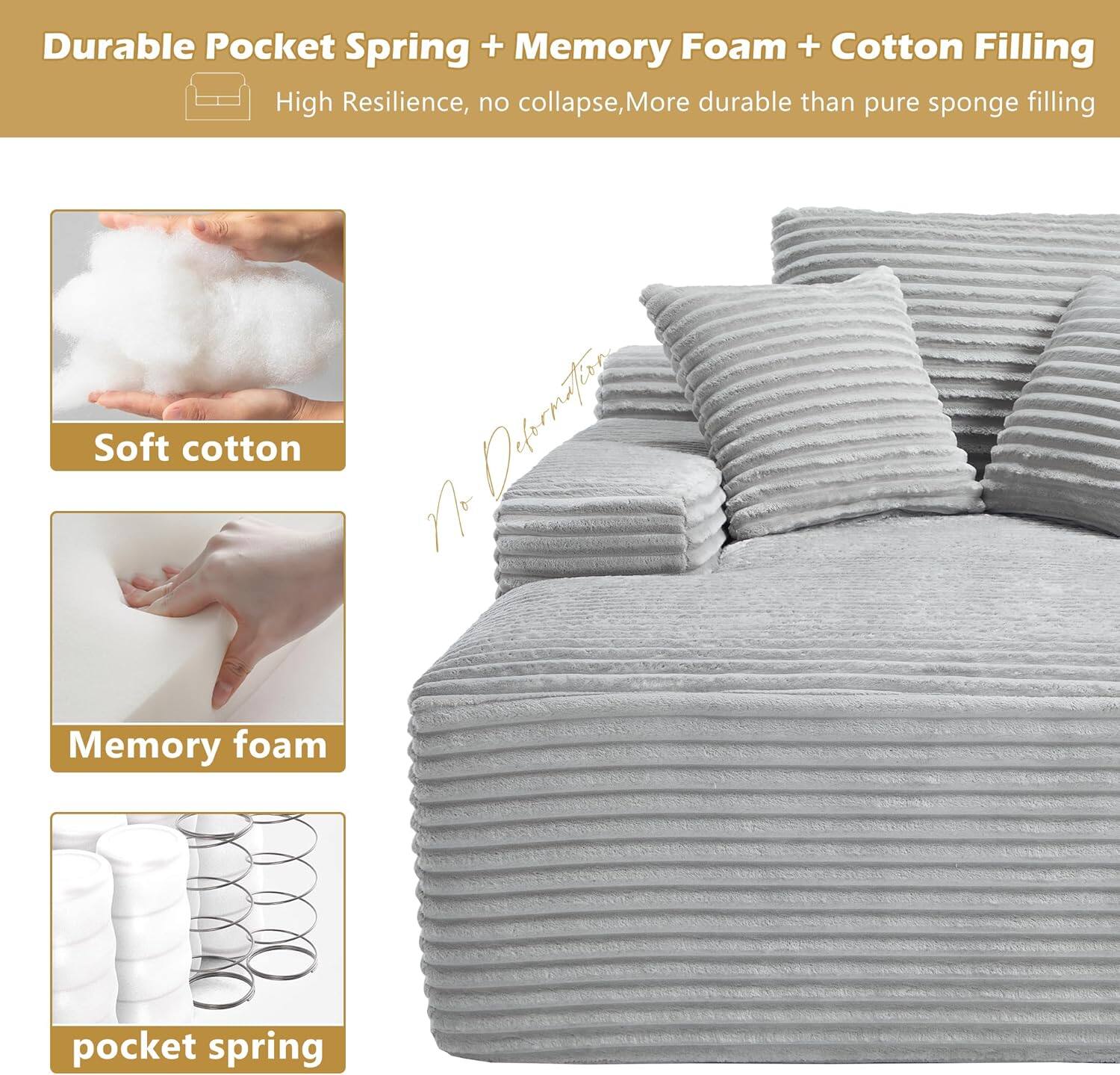 Durable Pocket Spring + Memory Foam + Cotton Filling  
High Resilience, no collapse, More durable than pure sponge filling  

Soft cotton  
Memory foam  
pocket spring