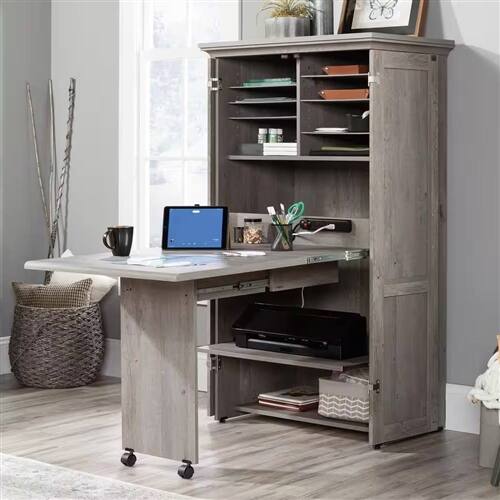 Angle. Hivvago - Armoire with Drop Leaf Laptop Desk Craft Table in Grey Oak Finish - Grey.