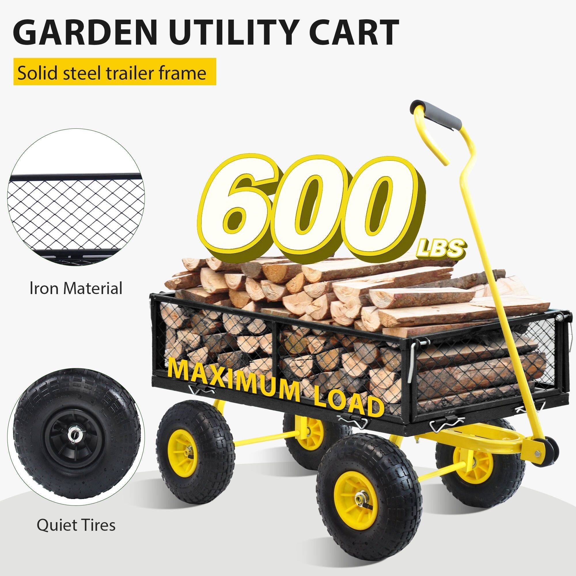 GARDEN UTILITY CART

- Solid steel trailer frame
- 600 LBS
- Iron Material
- MAXIMUM LOAD
- Quiet Tires