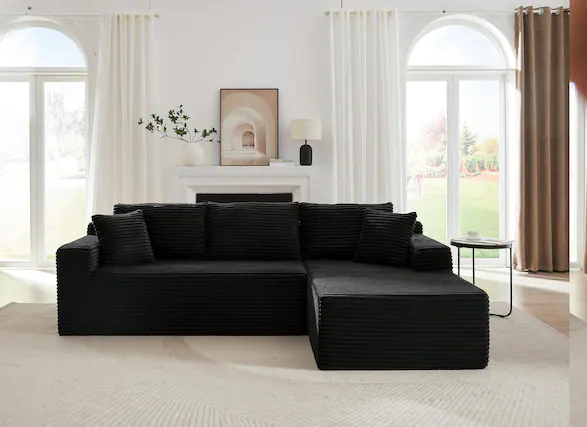 Front. Meqiodas - L-Shaped Cloud Sectional Sofa with Deep Seat,No Assembly Required,Modular Couches for Living Room,Bedroom,Black - Black.