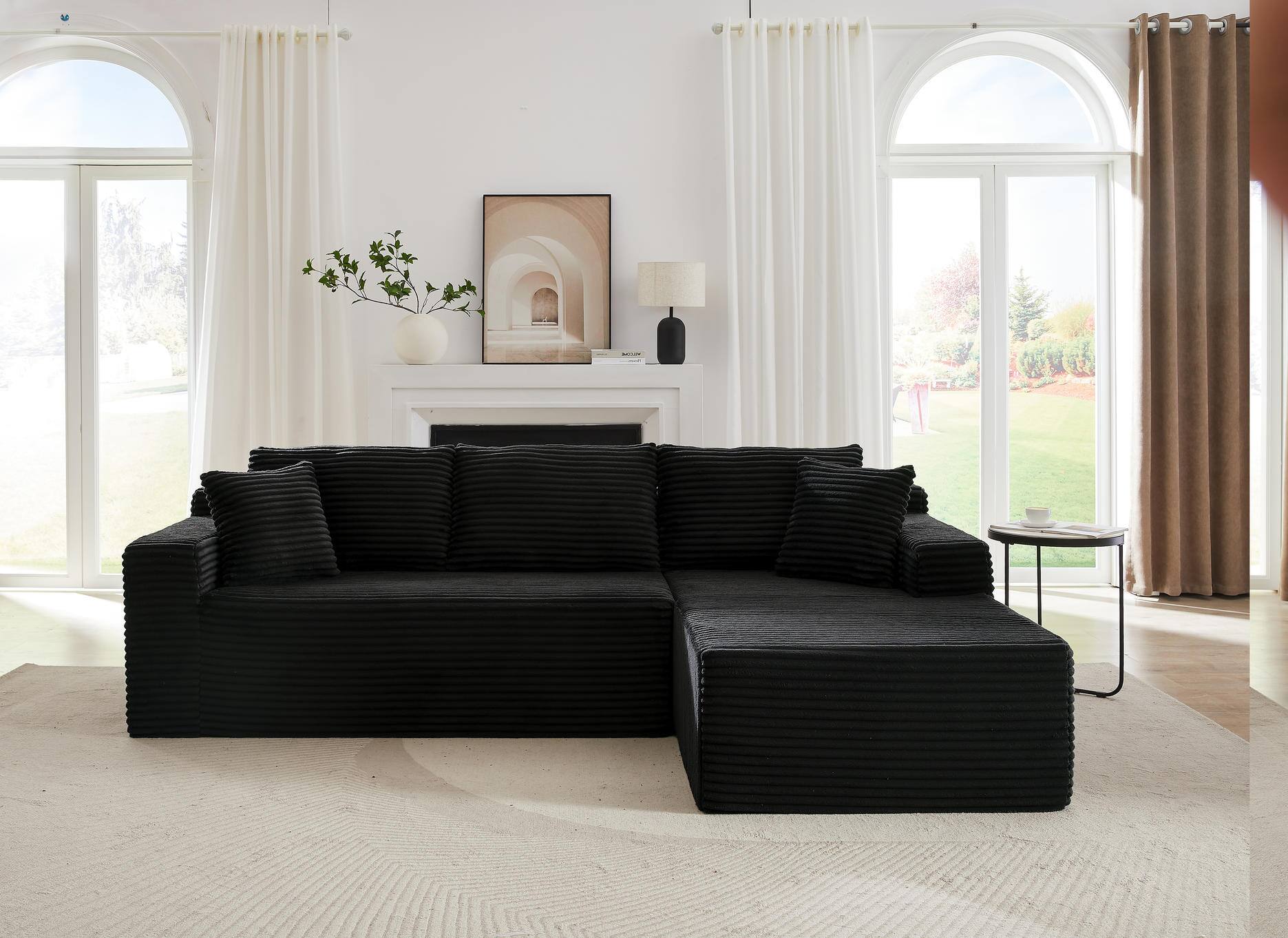 Front. Meqiodas - L-Shaped Cloud Sectional Sofa with Deep Seat,No Assembly Required,Modular Couches for Living Room,Bedroom,Black - Black.