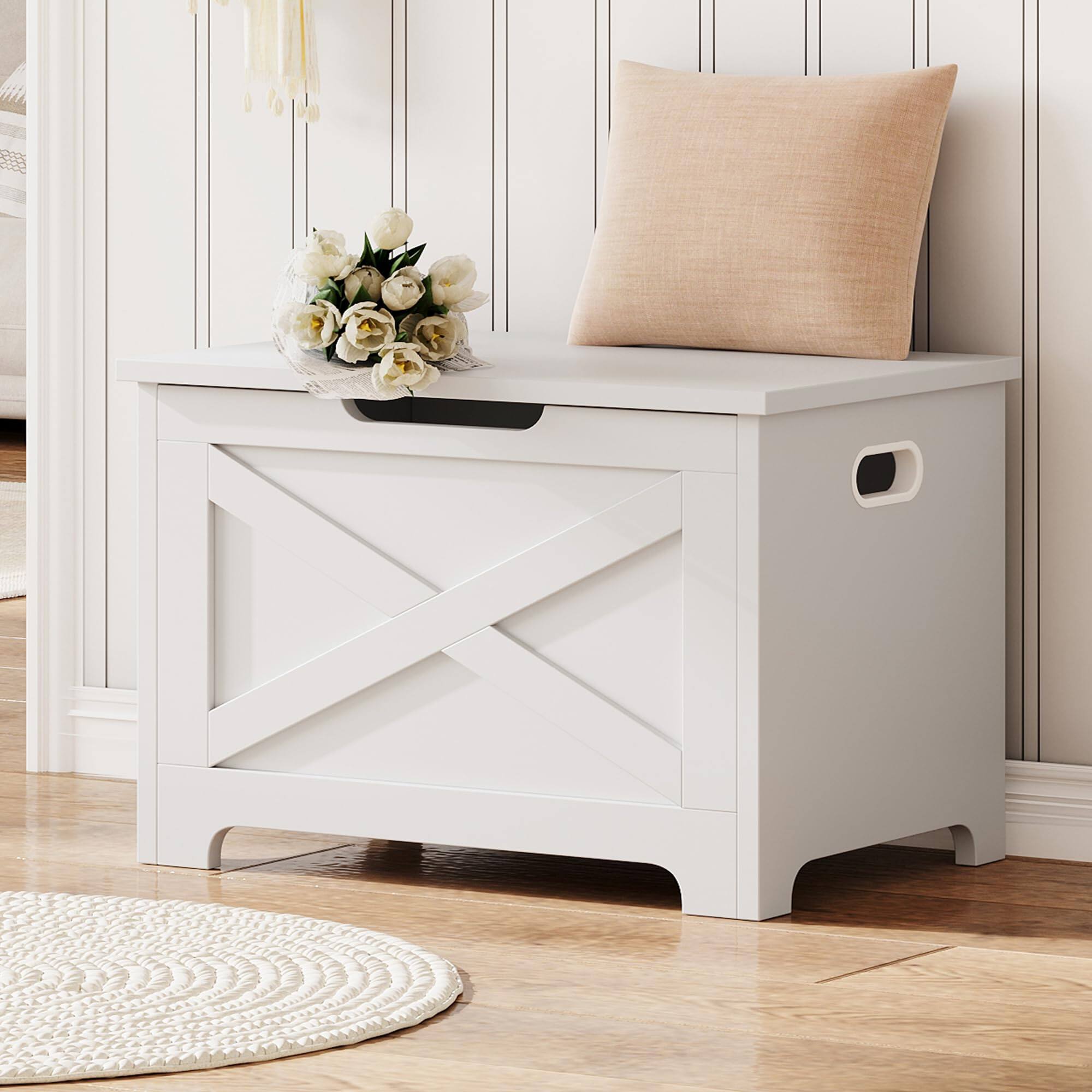 Angle. Jojoka - 23.6" Wooden Toy Storage Chest, Lift-Top Storage Bench with Safety Hinge for Home - X-White.