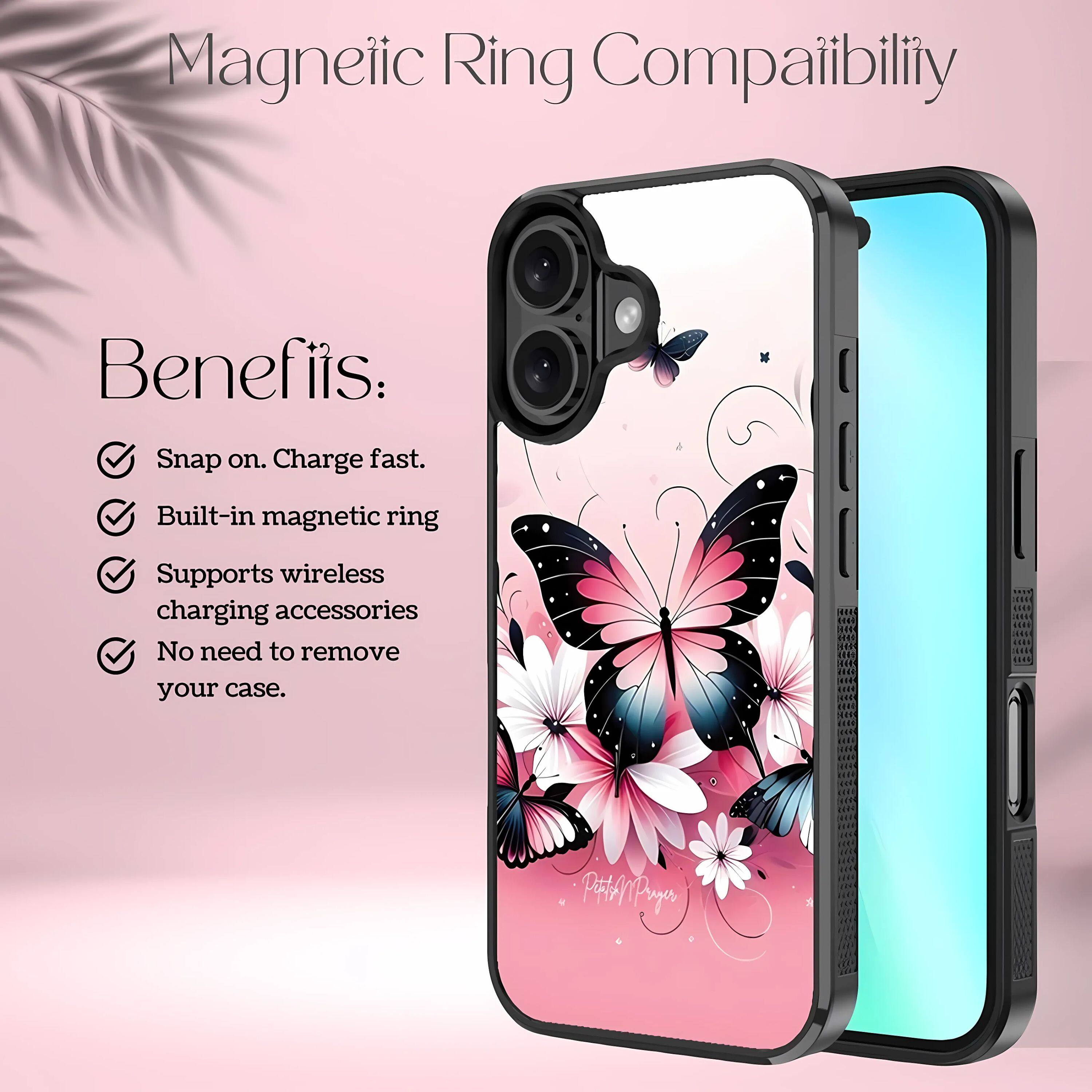 Magnetic Ring Compatibility

Benefits:
- Snap on. Charge fast.
- Built-in magnetic ring
- Supports wireless charging accessories
- No need to remove your case.

Petit Preyer