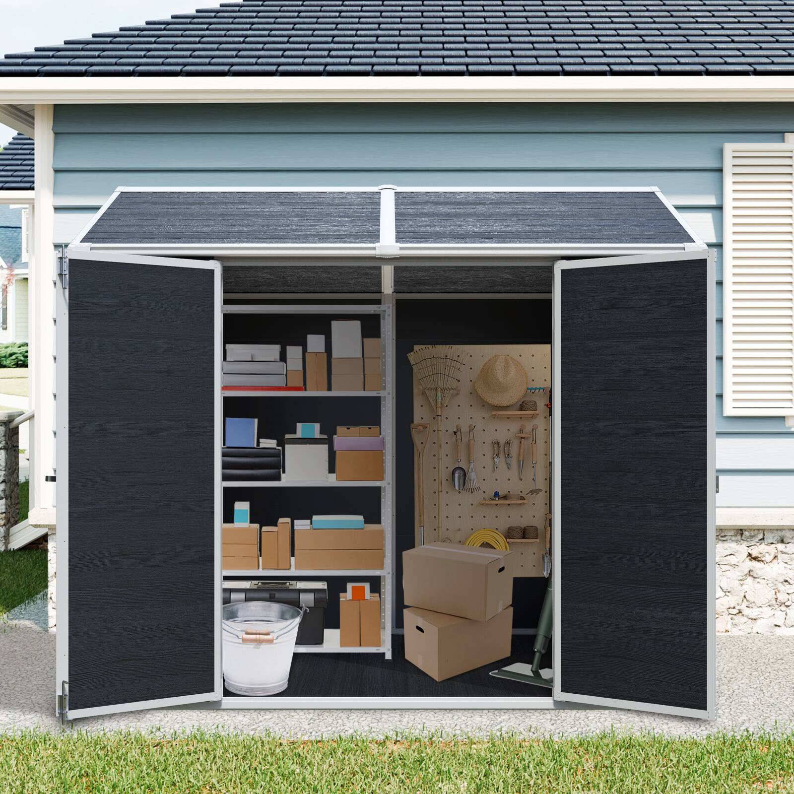 Angle. Loheer - Loheer 8x6 Resin Outdoor Storage Shed Waterproof Garden Tool Shed with Floor Windows and Lockable Door Black.