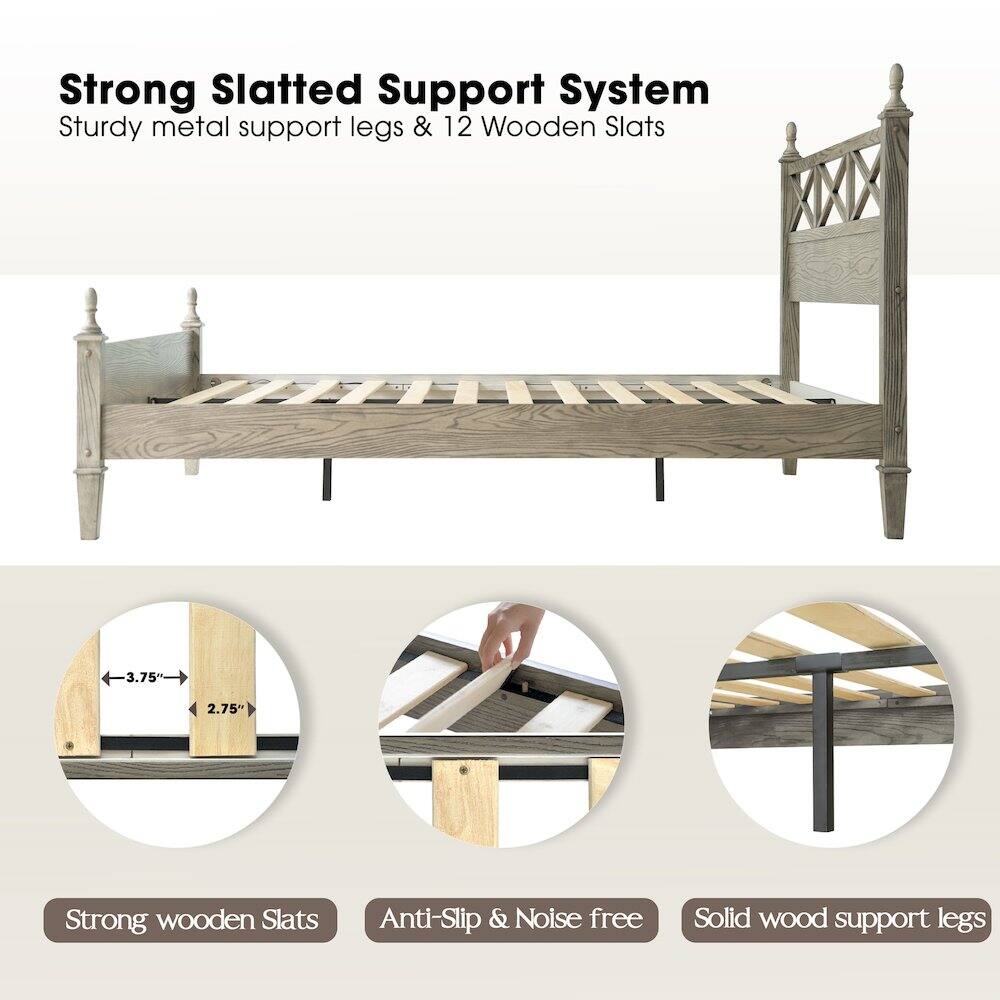 Strong Slatted Support System  
Sturdy metal support legs & 12 Wooden Slats  
3.75" 2.75"  
Strong wooden Slats  
Anti-Slip & Noise free  
Solid wood support legs