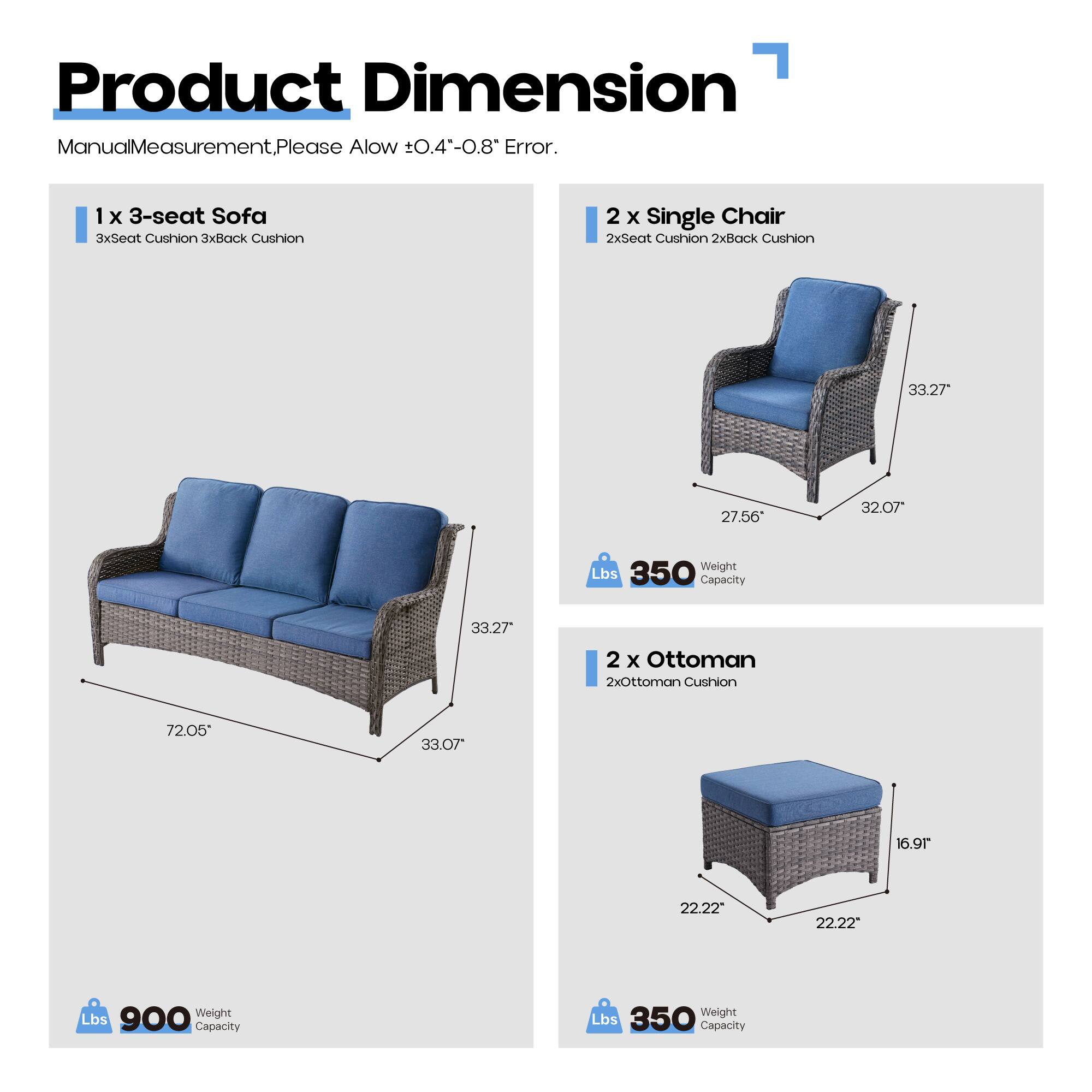 Product Dimension

Manual Measurement. Please Allow ±0.4"-0.8" Error.

1 x 3-seat Sofa  
3x Seat Cushion 3x Back Cushion  
72.05" x 33.27" x 33.07"  
Weight Capacity: 350 Lbs

2 x Single Chair  
2x Seat Cushion 2x Back Cushion  
33.27" x 27.56" x 32.07"  
Weight Capacity: 350 Lbs

2 x Ottoman  
2x Ottoman Cushion  
22.22" x 22.22" x 16.9"  
Weight Capacity: 350 Lbs