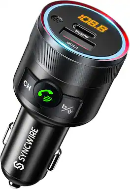 Syncwire - Bluetooth 5.4 FM Transmitter Car Adapter 38W (PD & QC 3.0) Metal Design, Deep Bass, Hands-Free Calling - Black