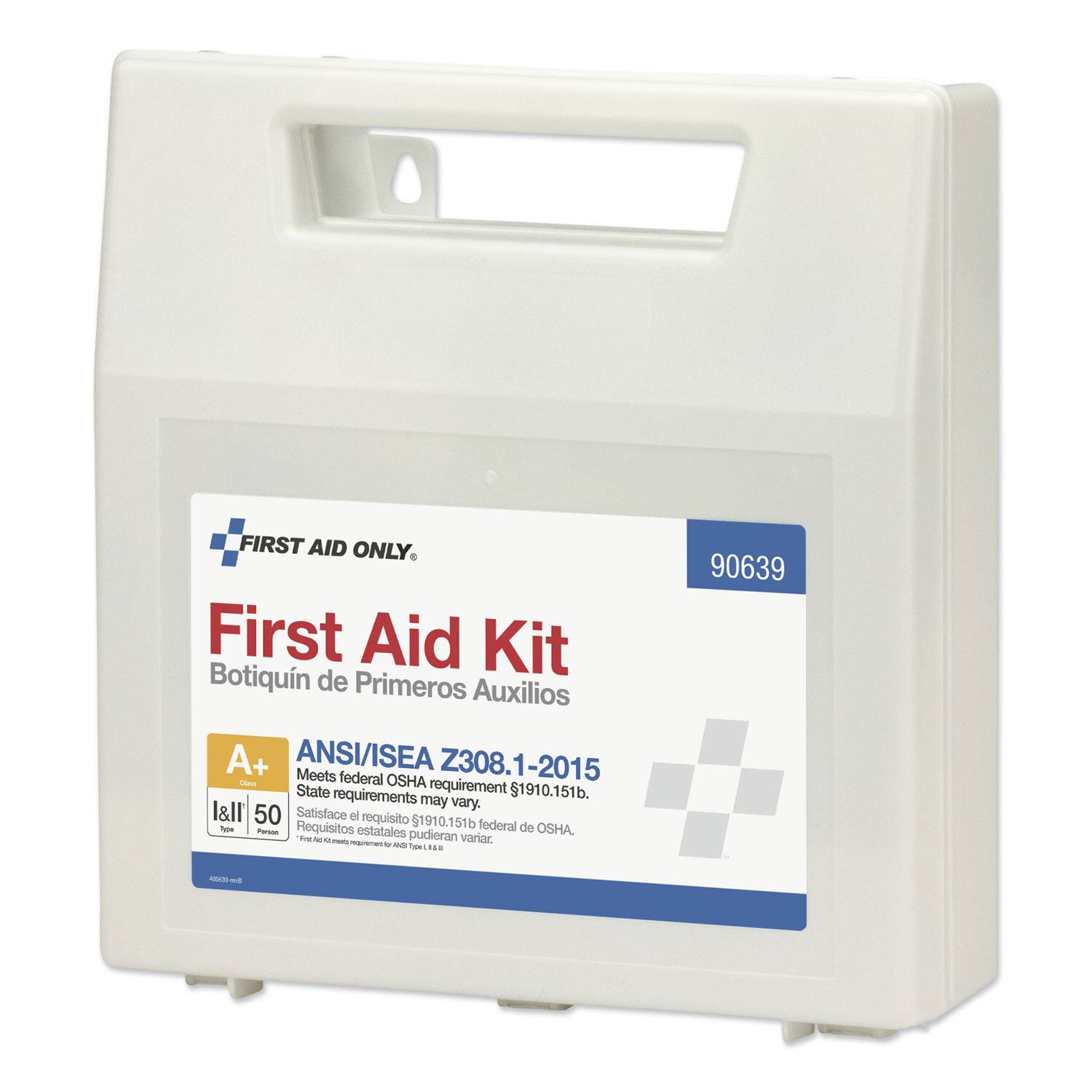 FIRST AID ONLY  
First Aid Kit  
Botiquín de Primeros Auxilios  

ANSI/ISEA Z308.1-2015  
Meets federal OSHA requirement 1910.151(b). State requirements may vary.  
Satisface el requisito 1910.151b federal de OSHA. Requisitos estatales pueden variar.  

A+  
l&l 50  
Type I  
First Aid Kit meets ANSI Type I, 1910.151(b).  

90639