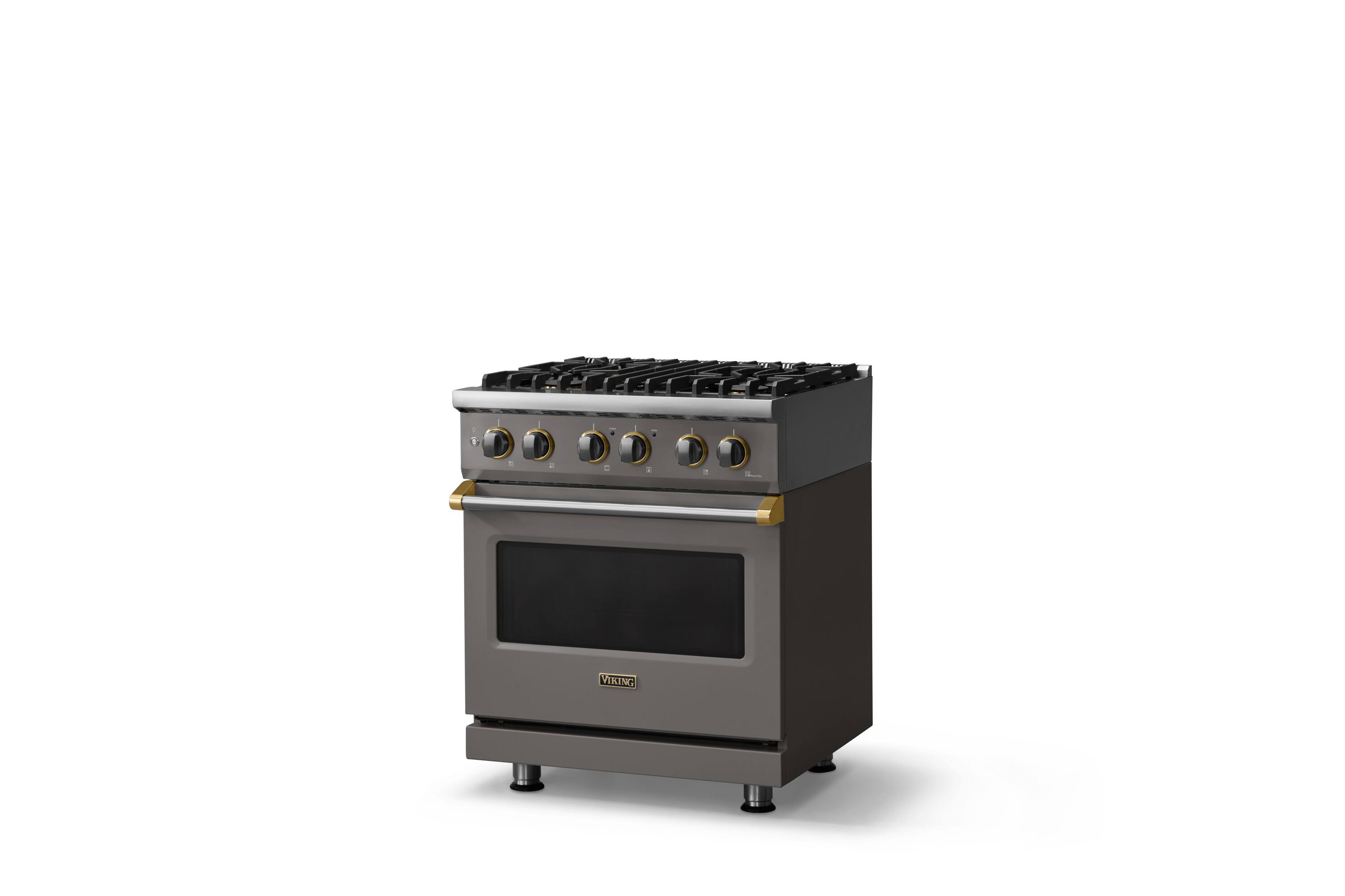Angle. Viking - 30 in. Wide 4 Burner Pro 5 Series 4.7 Cu. Ft. Freestanding Sealed DF Convection Range with Brushed Brass Trim - Damascus Gray.