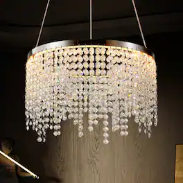 LUCKY ONE - 16in Hanging Crystal LED Chandelier, Adjustable Height & CCT 3000K-6000K for Dining Room Living Room - Chrome,Transparent