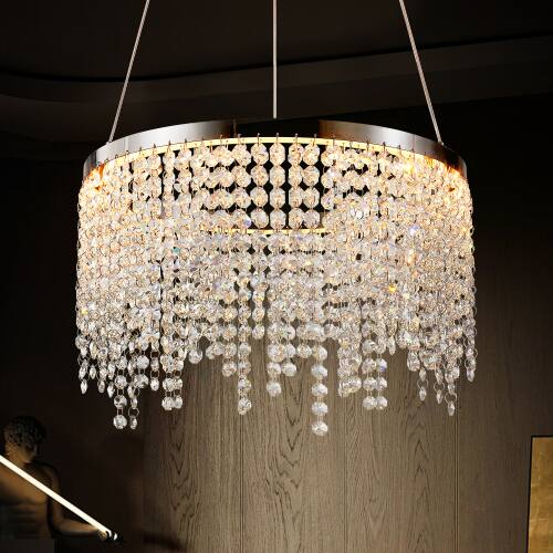 Front. LUCKY ONE - 16in Hanging Crystal LED Chandelier, Adjustable Height & CCT 3000K-6000K for Dining Room Living Room - Chrome,Transparent.