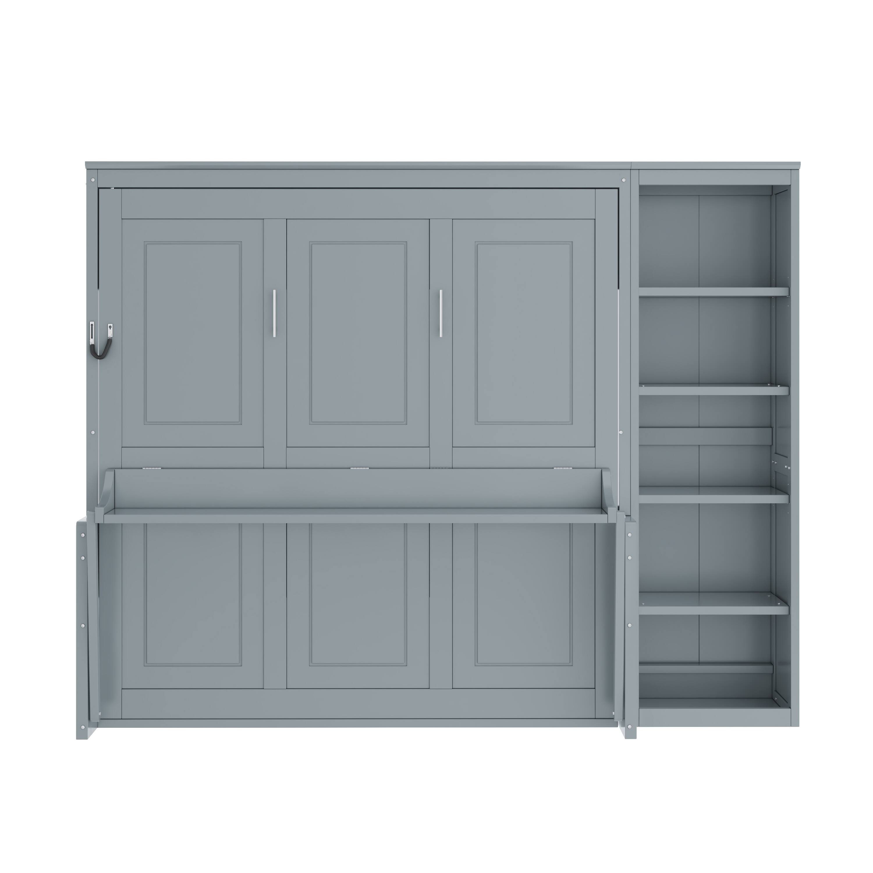 Alt View 2. Whisen - Murphy Bed with Built-in Desk and Side Bookshelves, Foldable Space-Saving Bed Cabinet - Gray.