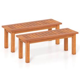 Costway - 2 PCS 2-Person Outdoor Backless Bench with Slatted Seat Rustic Wooden Entryway Bench - Brown