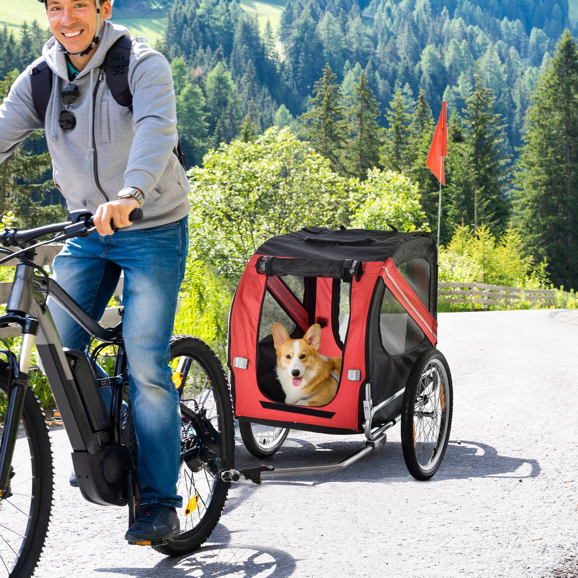 Alt View 5. Siljoy - Red/Black Dog Bike Trailer with 3 Entrances & Large Off‑Road Wheels, Pet Carrier for Dogs Up to 44 lbs.