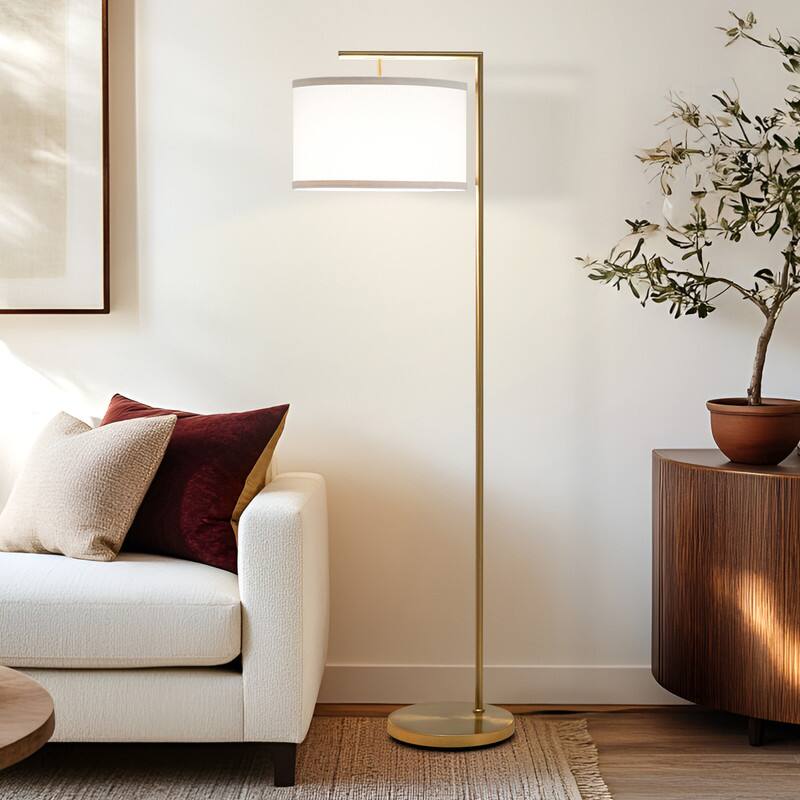 Alt View 2. Brightech - Montage Modern LED Midcentury Modern Arc Super Bright Floor Lamp with Ivory White Fabric Drum Shade - Antiqued Brass.