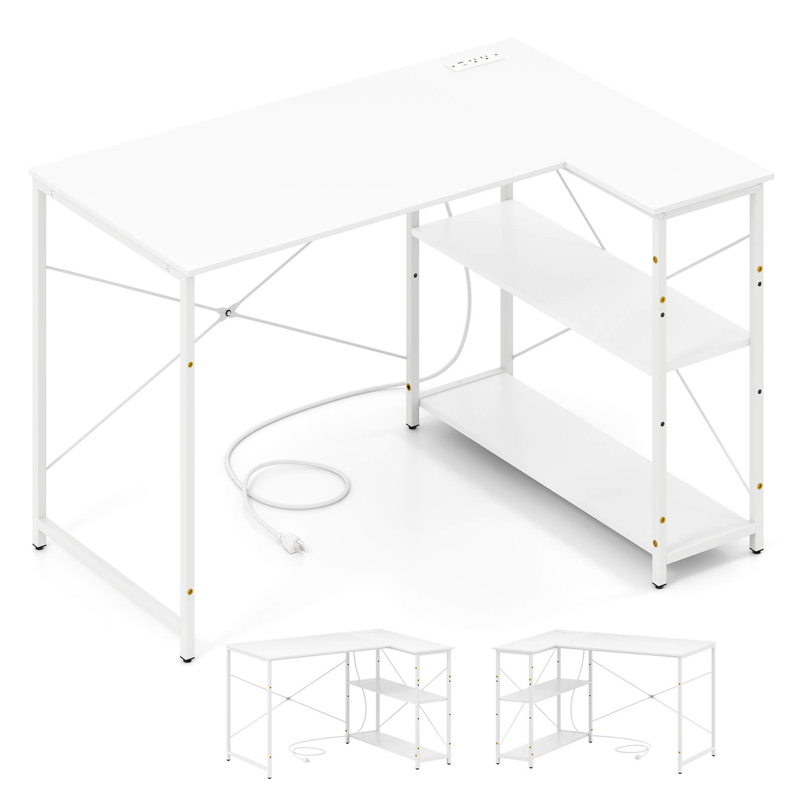 Angle. Costway - Costway L-Shaped Computer Desk with Power Outlets Adjustable shelf Heavy-Duty Metal Frame White - White.