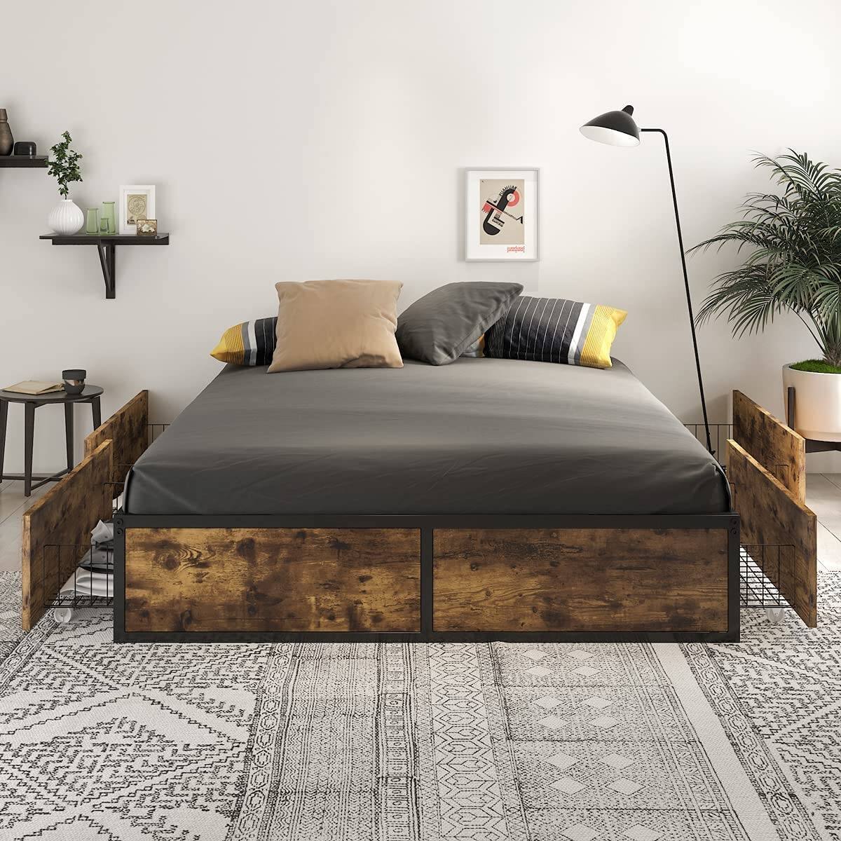 Angle. Hivvago - Hivvago Queen Metal Wood Platform Bed Frame with 4 Storage Drawers - 800 lbs Max Weight - Rustic Brown.