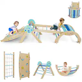 Gymax - Spaceman Theme Wooden Montessori Climbing Set w/Arch Ramp Climbing Rope & Ladder - Blue