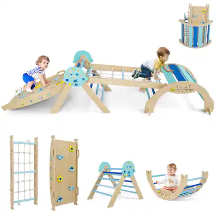 Front. Gymax - Gymax Spaceman Theme Wooden Montessori Climbing Set w/Arch Ramp Climbing Rope & Ladder - Blue.
