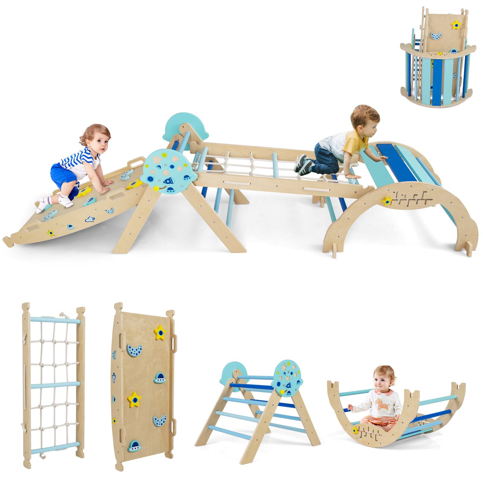 Front. Gymax - Gymax Spaceman Theme Wooden Montessori Climbing Set w/Arch Ramp Climbing Rope & Ladder - Blue.