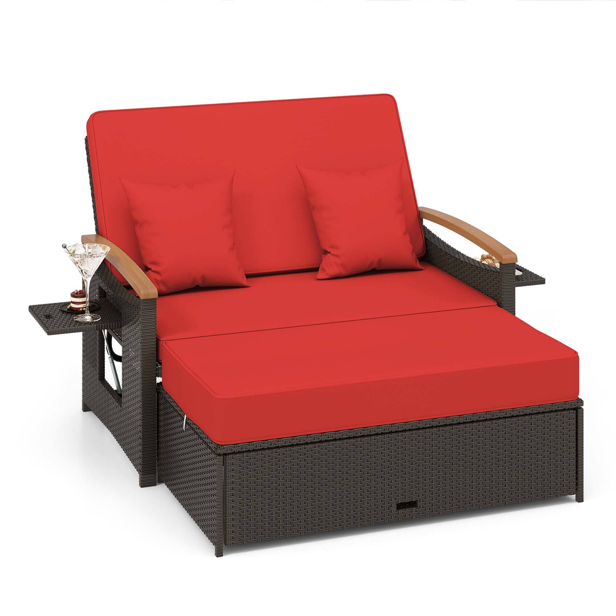 Costway - Patio Rattan Daybed Set with Cushioned Loveseat & Storage Ottoman for Porch - Red + Mix Brown