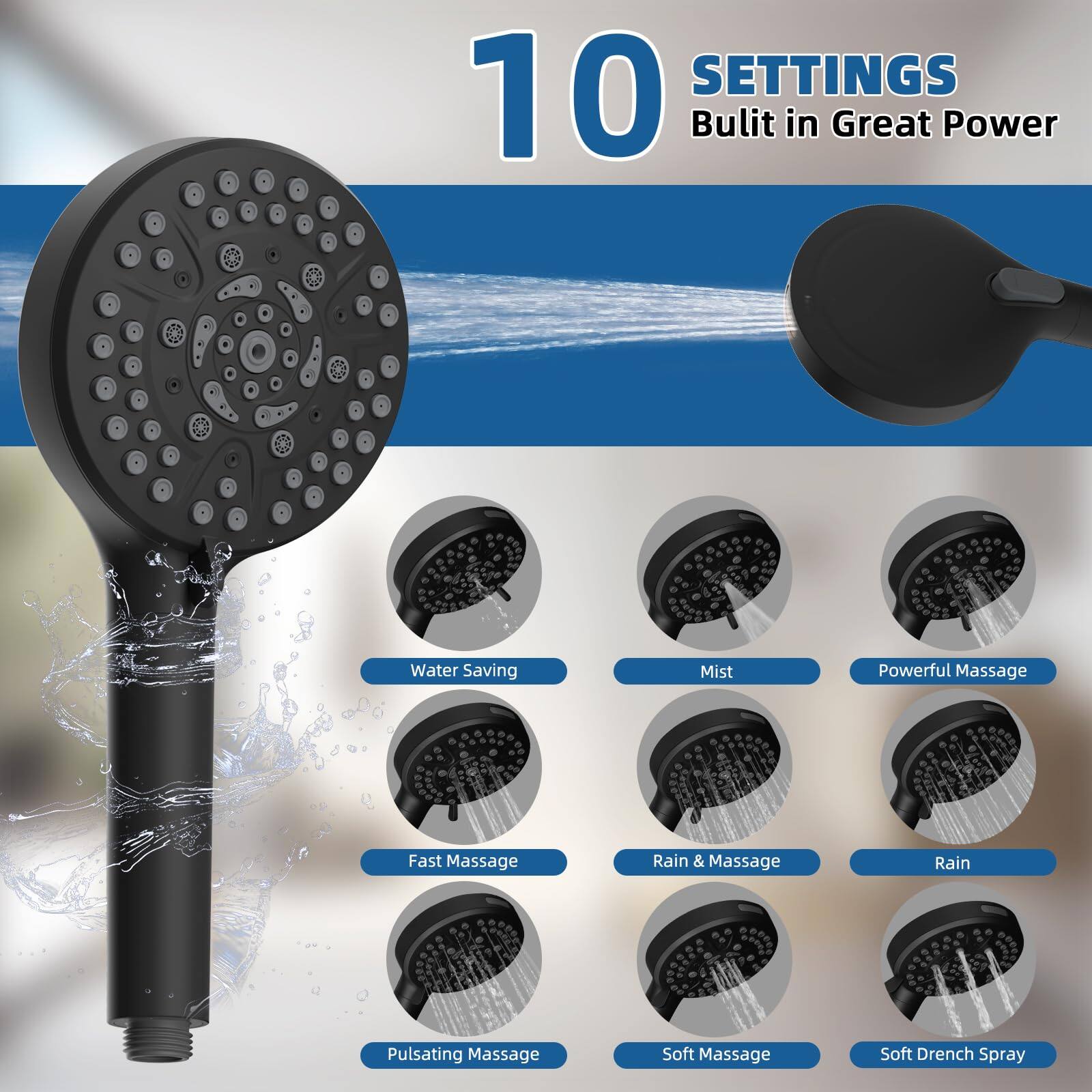10 SETTINGS  
Built in Great Power  
Water Saving  
Mist  
Powerful Massage  
Fast Massage  
Rain & Massage  
Rain  
Pulsating Massage  
Soft Massage  
Soft Drench Spray