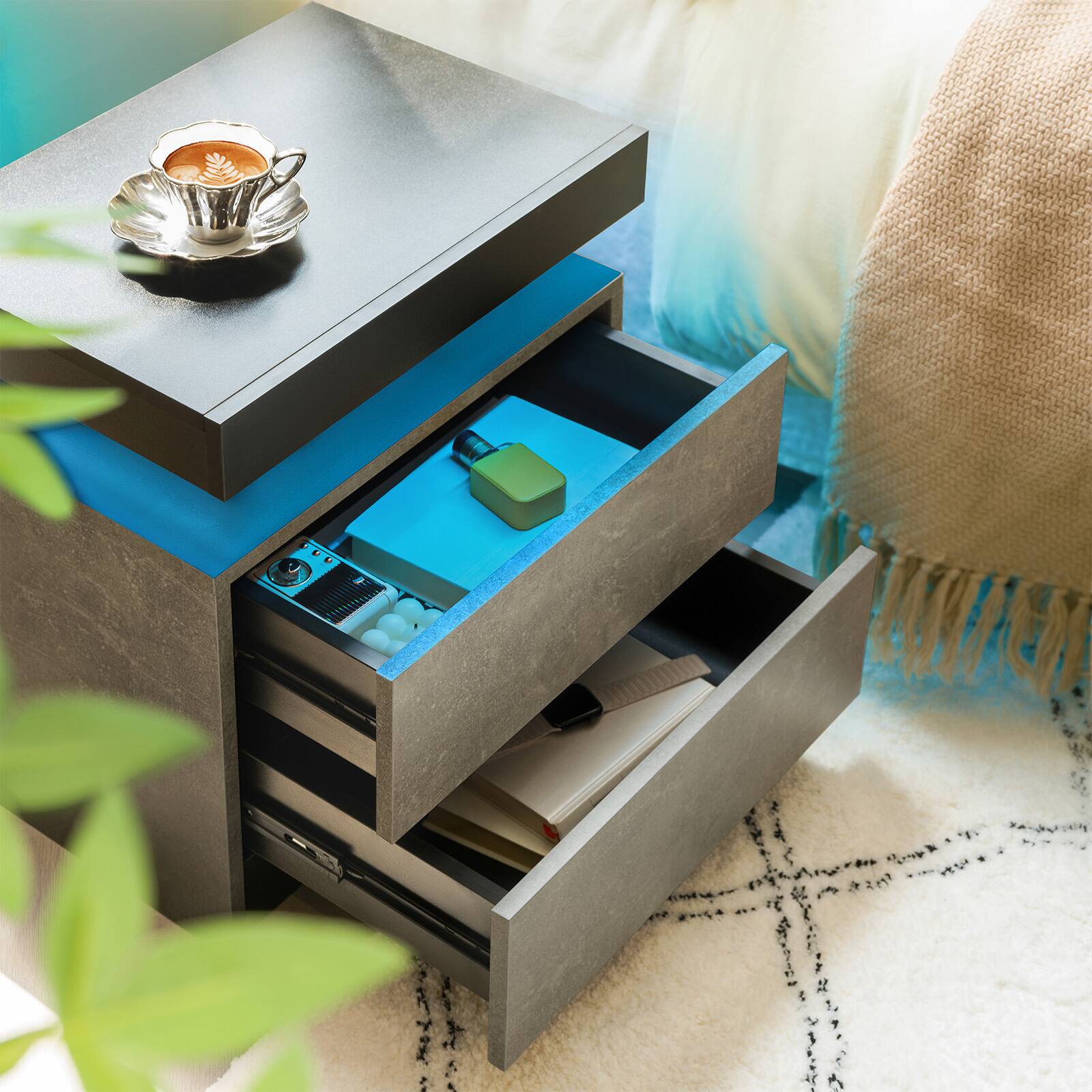 Alt View 4. Meqiodas - Nightstand LED Bedside Table Cabinet Lights Modern End Side with 2 Drawers for Bedroom - Gray.