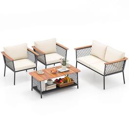 Costway - 4 PCS Patio Furniture Set with 2-Tier Coffee Table Acacia Wood Armrests Tabletop - Off White,Grey