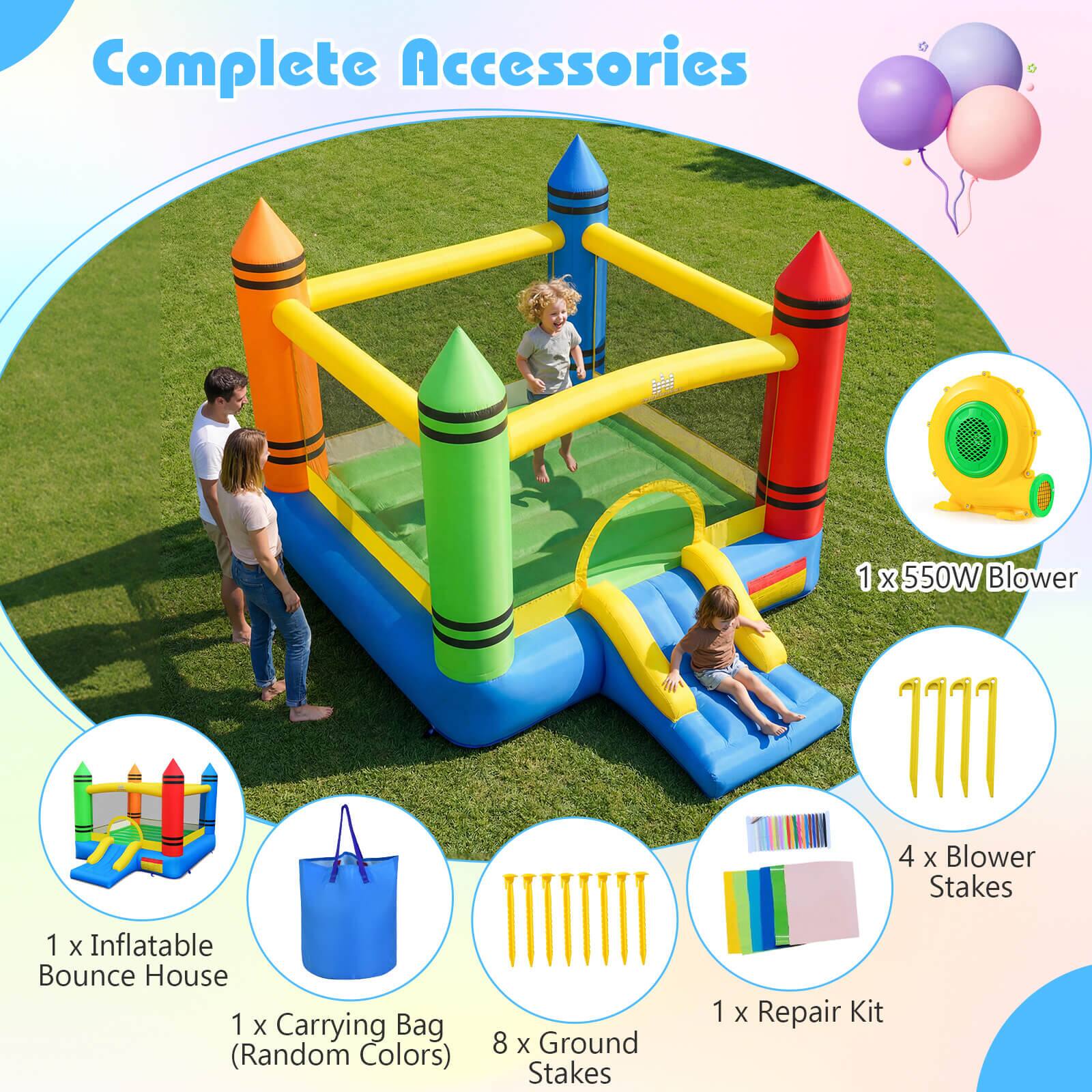 Complete Accessories  
1 x 550W Blower  
1 x Inflatable Bounce House  
1 x Carrying Bag (Random Colors)  
4 x Blower Stakes  
8 x Ground Stakes  
1 x Repair Kit