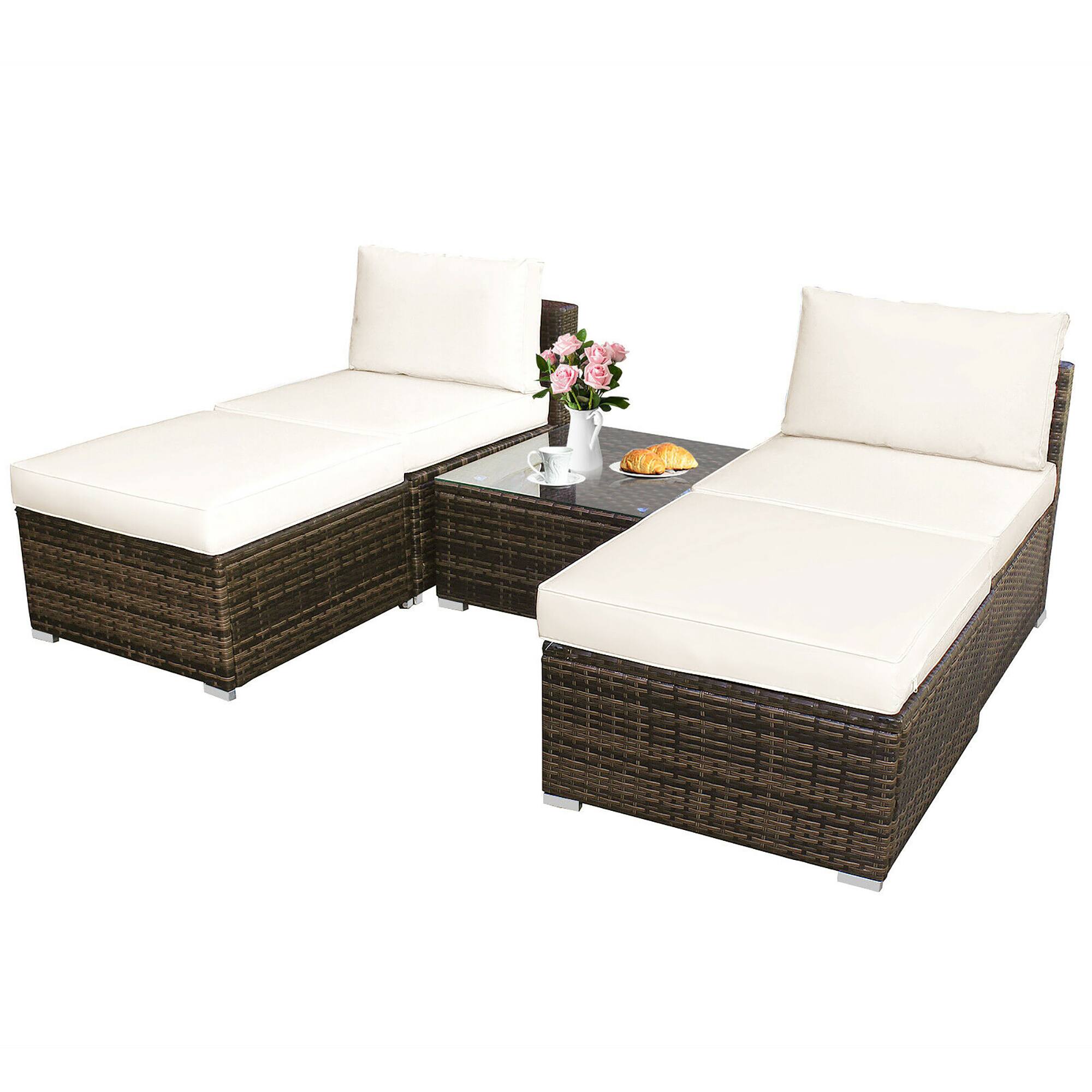 Angle. Costway - 5PCS Patio Rattan Wicker Furniture Set Armless Sofa Ottoman Cushioned Garden - Mixed Brown/White.