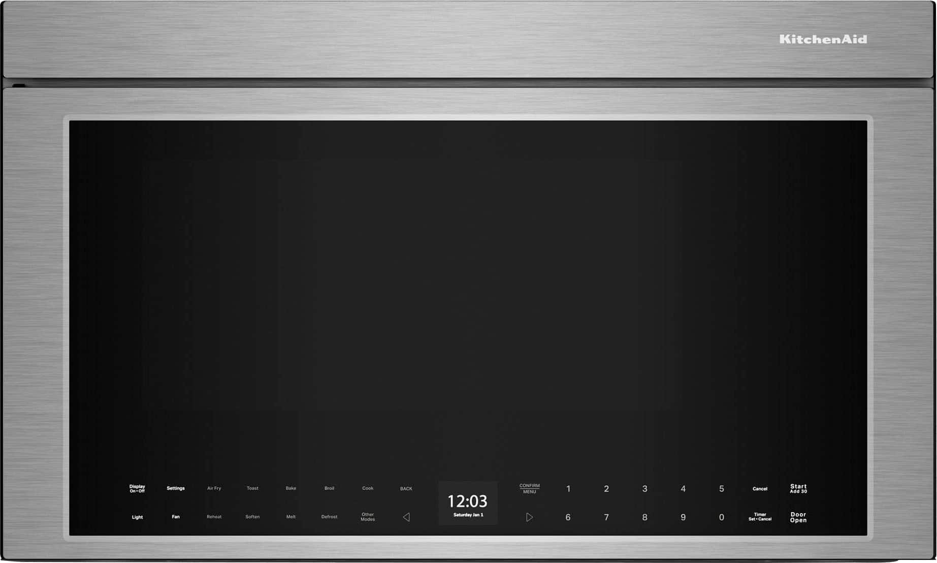 KitchenAid Dhaplay 06-00 Light Settings Fam Air Fry Reheat Toast Sofftem Bake Melt Broil Defrost Cock Other Modes BACK 12:03 Saturday Jan 1 CONFIRM MENU 1 6 2 7 3 8 4 9 5 0 Cancel Timer Start 0:03 Door Open