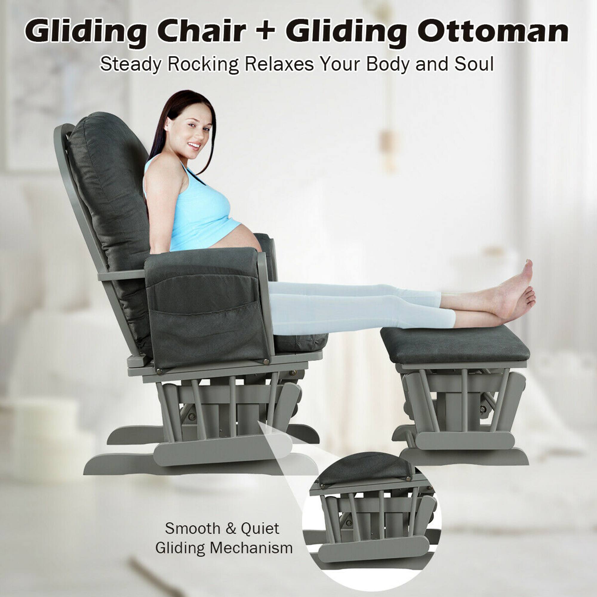 Gliding Chair + Gliding Ottoman  
Steady Rocking Relaxes Your Body and Soul  

Smooth & Quiet Gliding Mechanism