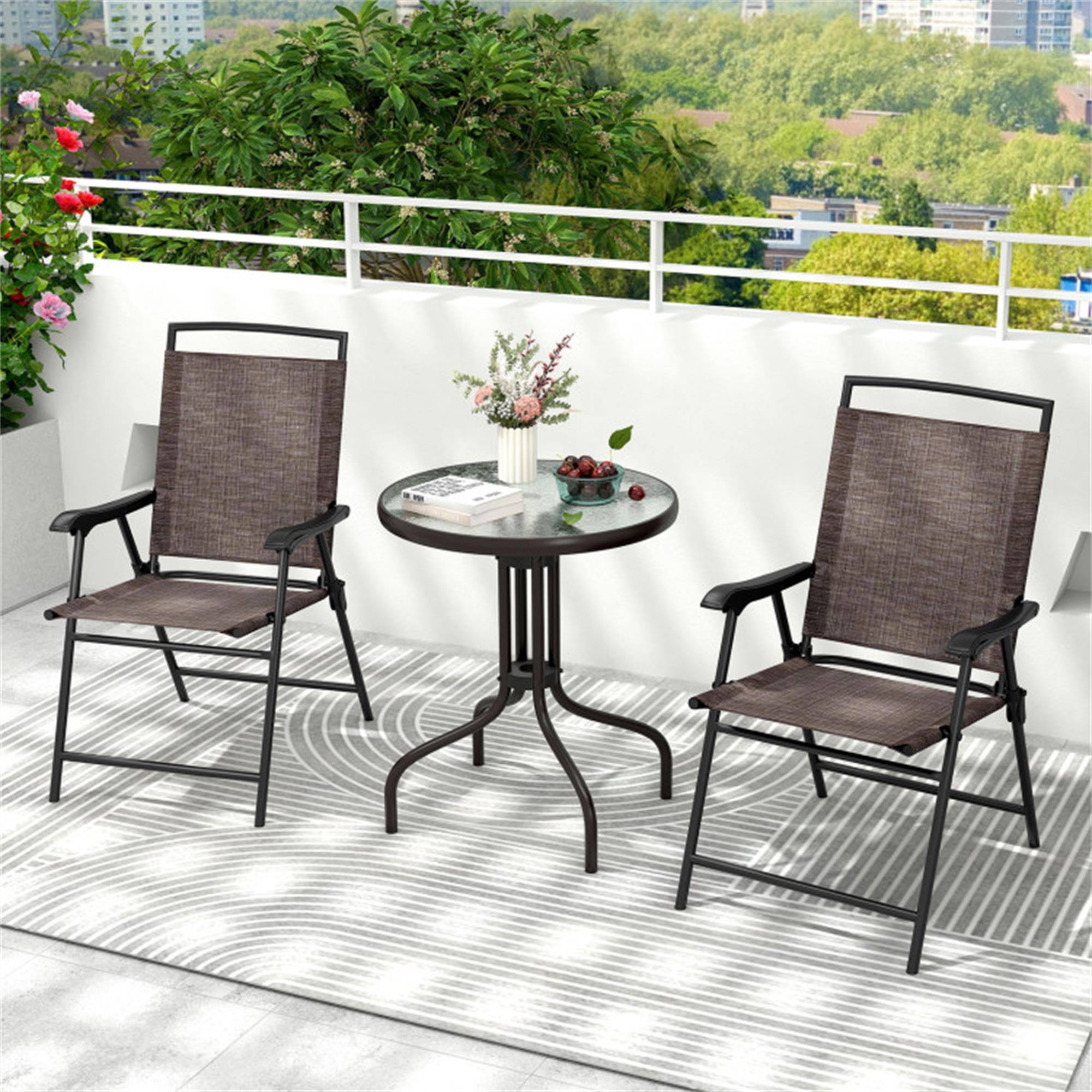 Alt View 2. Boyel Living - Brwon 3 Pieces Patio Round Table and Folding Chairs Set with Rippled Tempered Glass 37-in L x 25.5-in W x 17-in H - Brown.