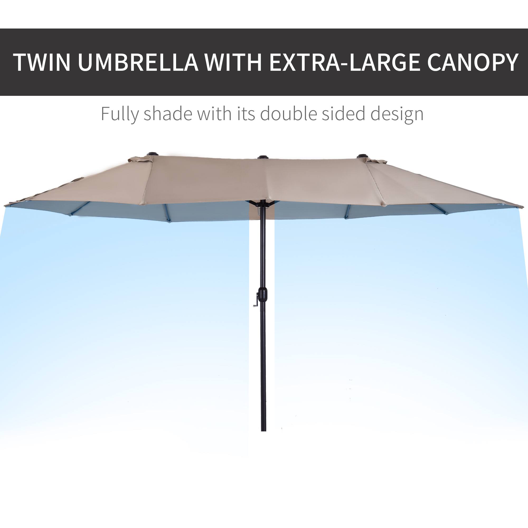 TWIN UMBRELLA WITH EXTRA-LARGE CANOPY

Fully shade with its double sided design