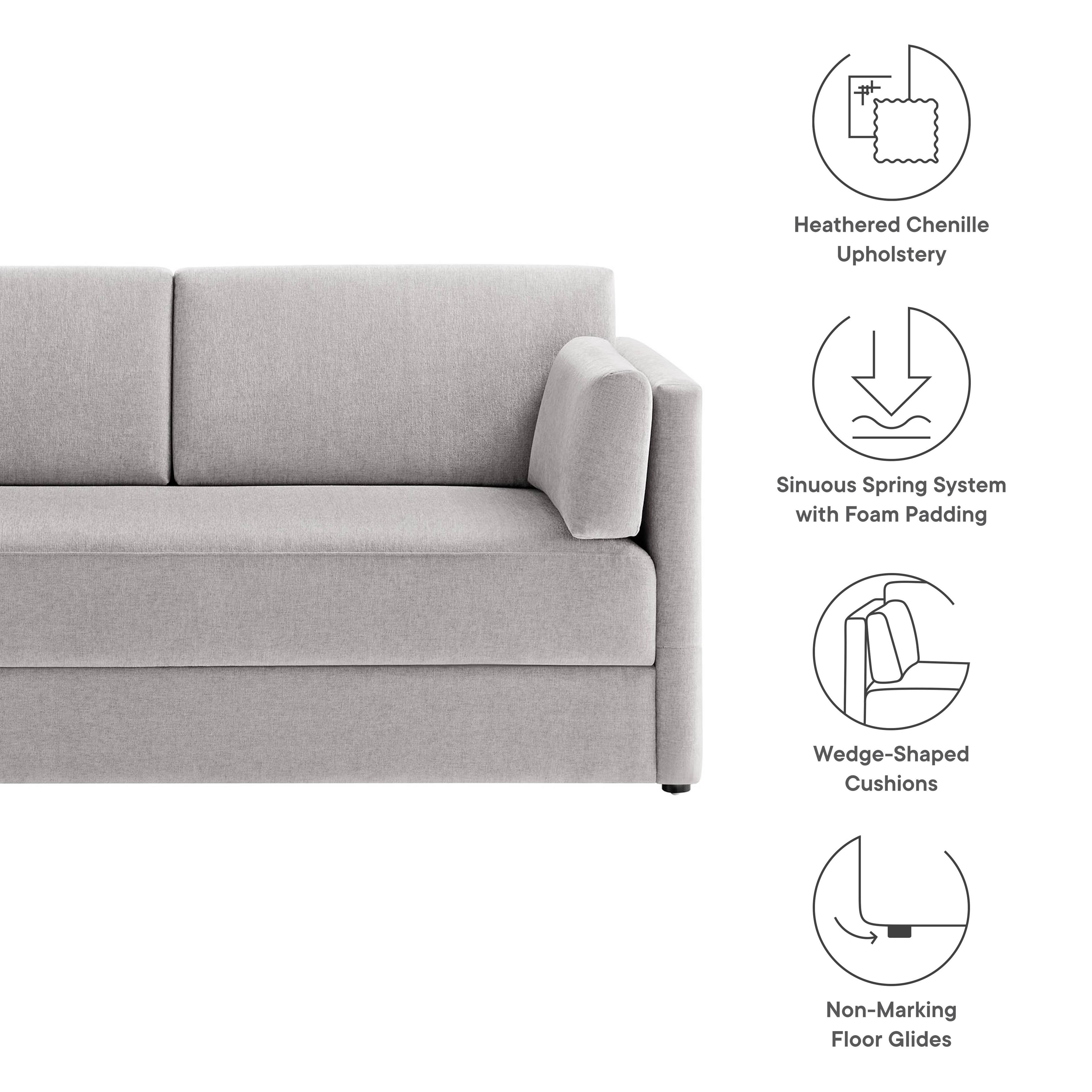 Heathered Chenille Upholstery  
Sinuous Spring System with Foam Padding  
Wedge-Shaped Cushions  
Non-Marking Floor Glides