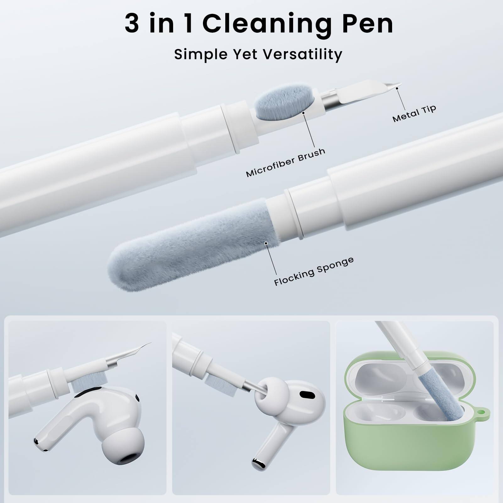 3 in 1 Cleaning Pen, Simple Yet Versatility, Metal Tip, Brush, Microfiber Sponge, Flocking