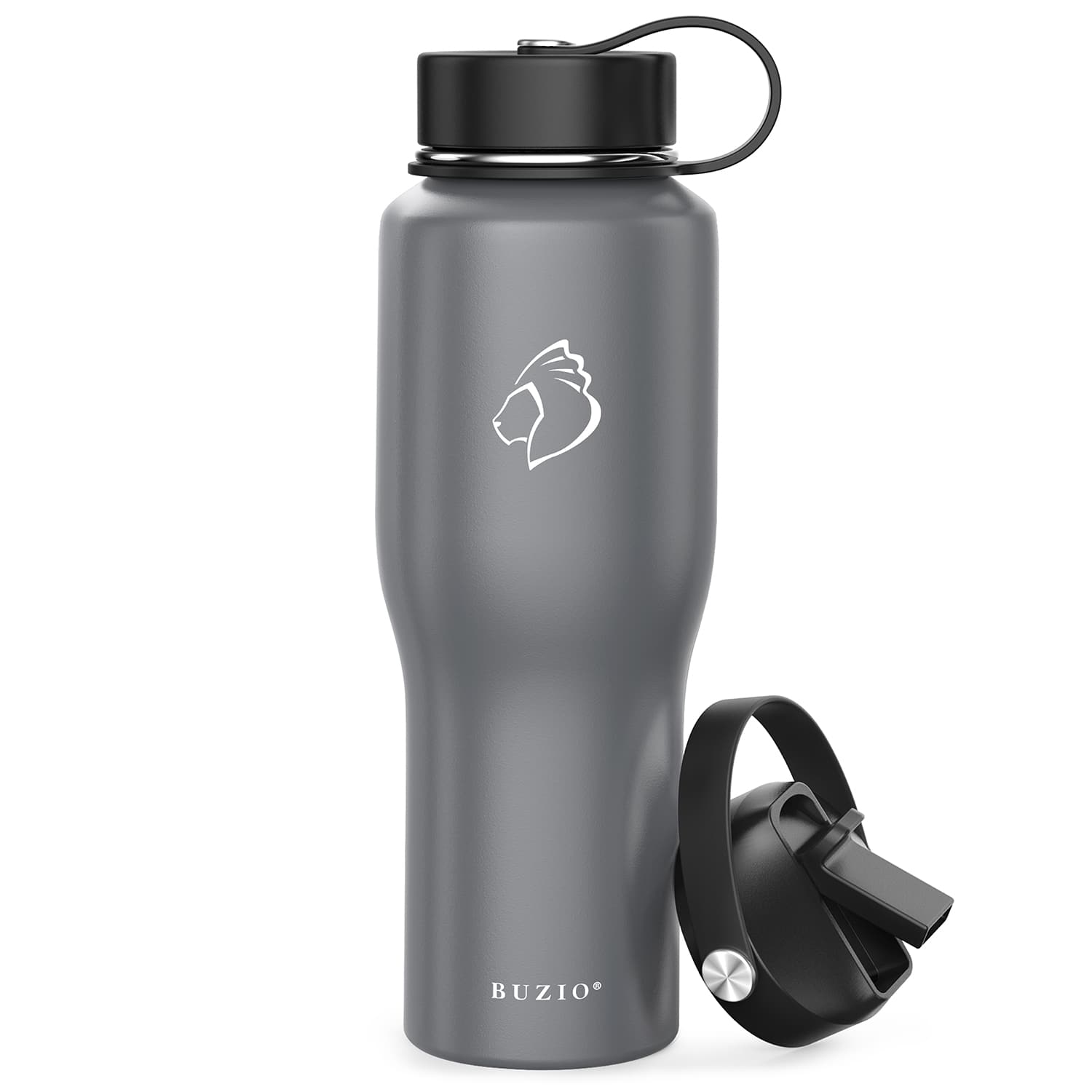 Front. Buzio - 32oz Insulated Tumbler with Straw Lid and Flex Lid - Fits in Cup Holder - Gray.