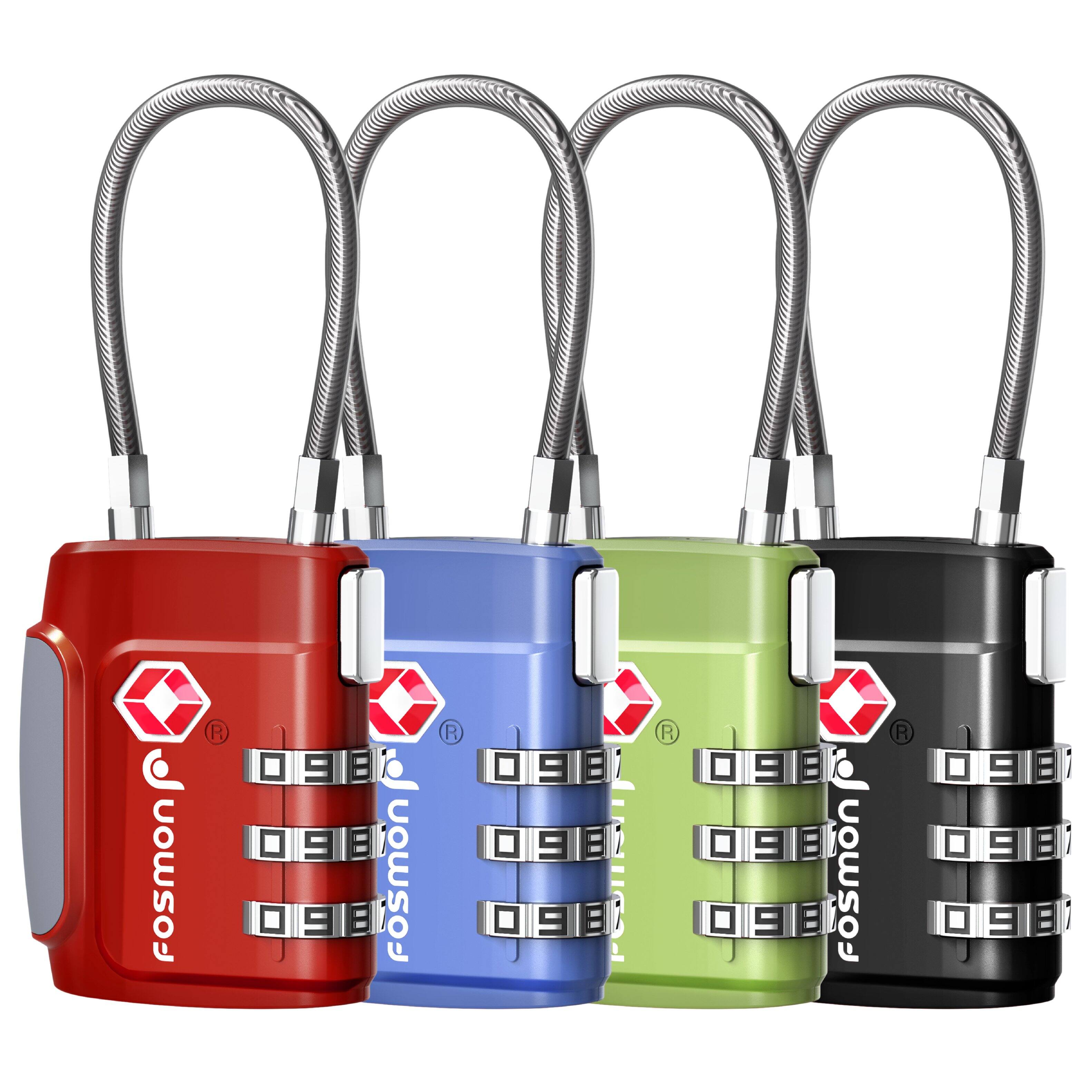 Fosmon - 4 Pack TSA Approved Luggage Lock, Multicolor Combination Lock Easy to Set Luggage Cable Lock, Travel TSA Locks - Multi