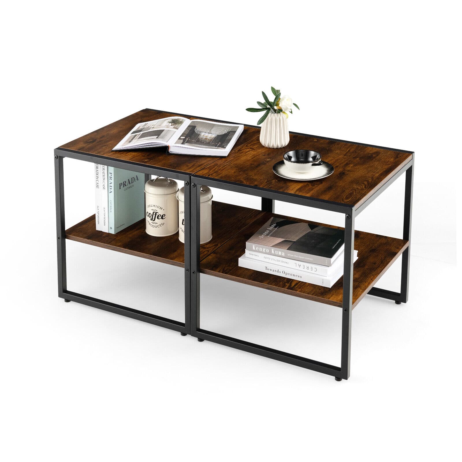 Gymax - 2PCS 2-Tier End Side Sofa Coffee Table 20'' Square Table for Living Room Bedroom - Rustic Brown