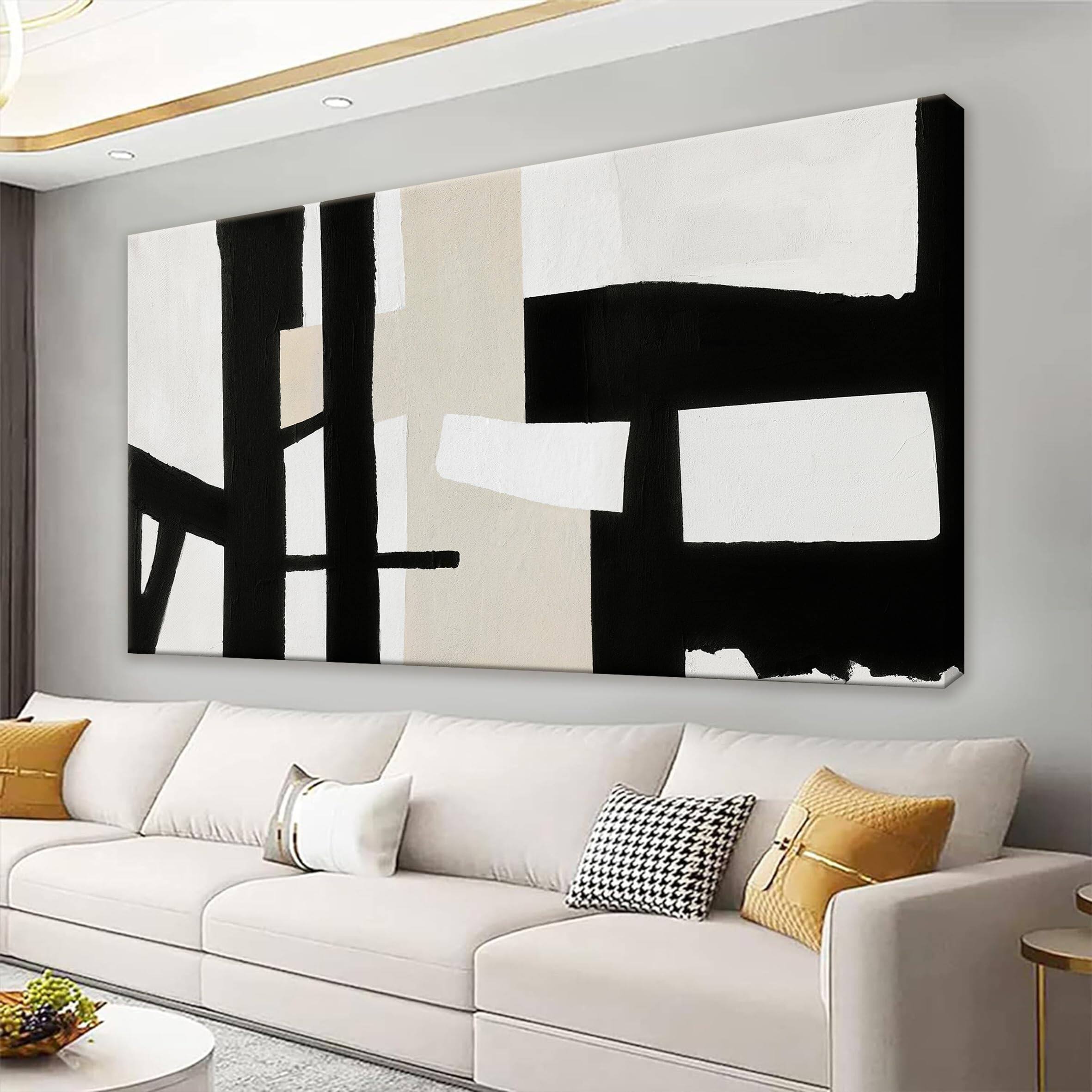 Front. Hirose Alice - QSQ Large Abstract Wall Art 29 x Modern Painting Black White Living Room Office Bedroom Decor - white 48"L x 24"W.