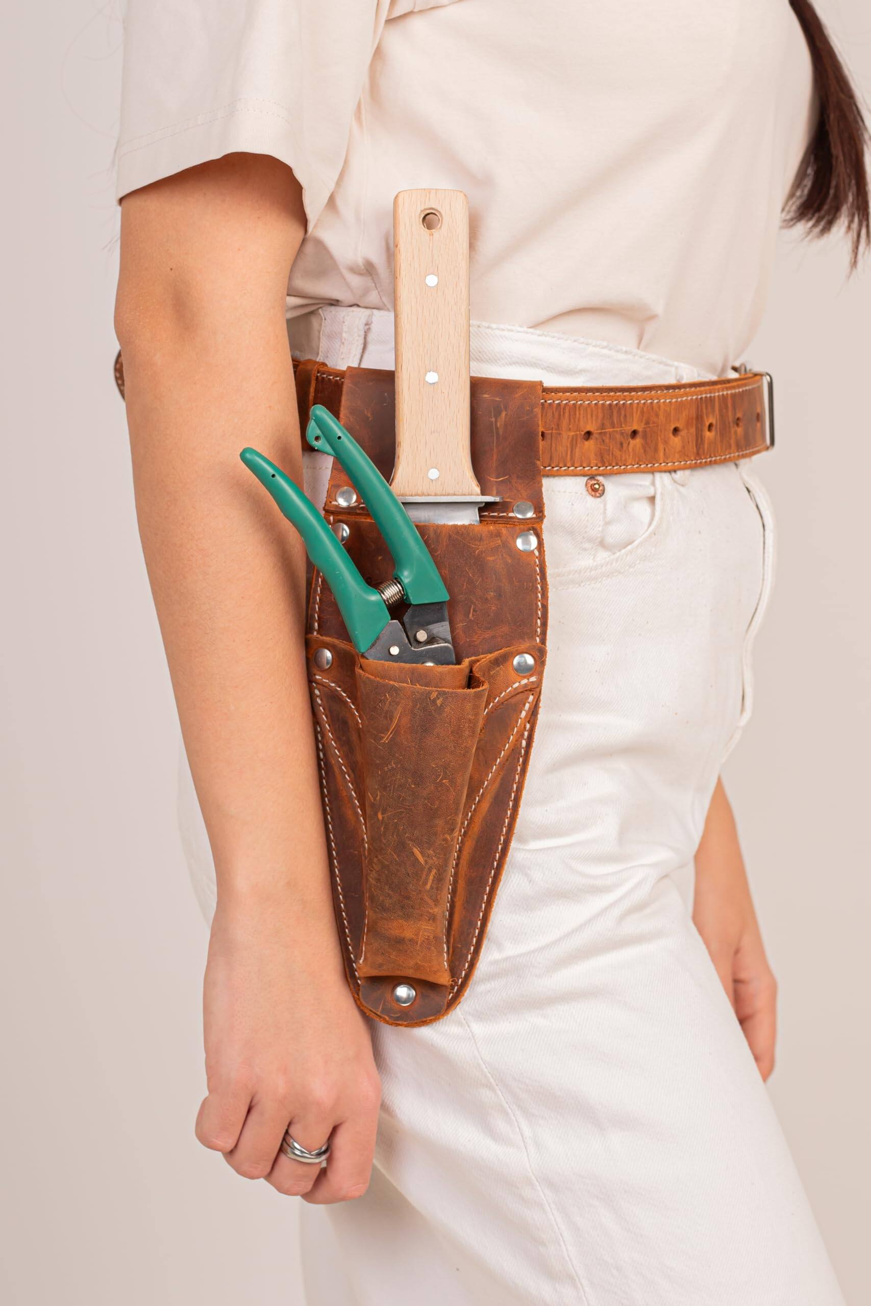 Alt View 1. JETRANSPORT - Hori Leather Sheath Belt With Pruner And Scissor Pockets. Personalized Florist Tool  Gardening 3 pocket - hand - Brown one size.