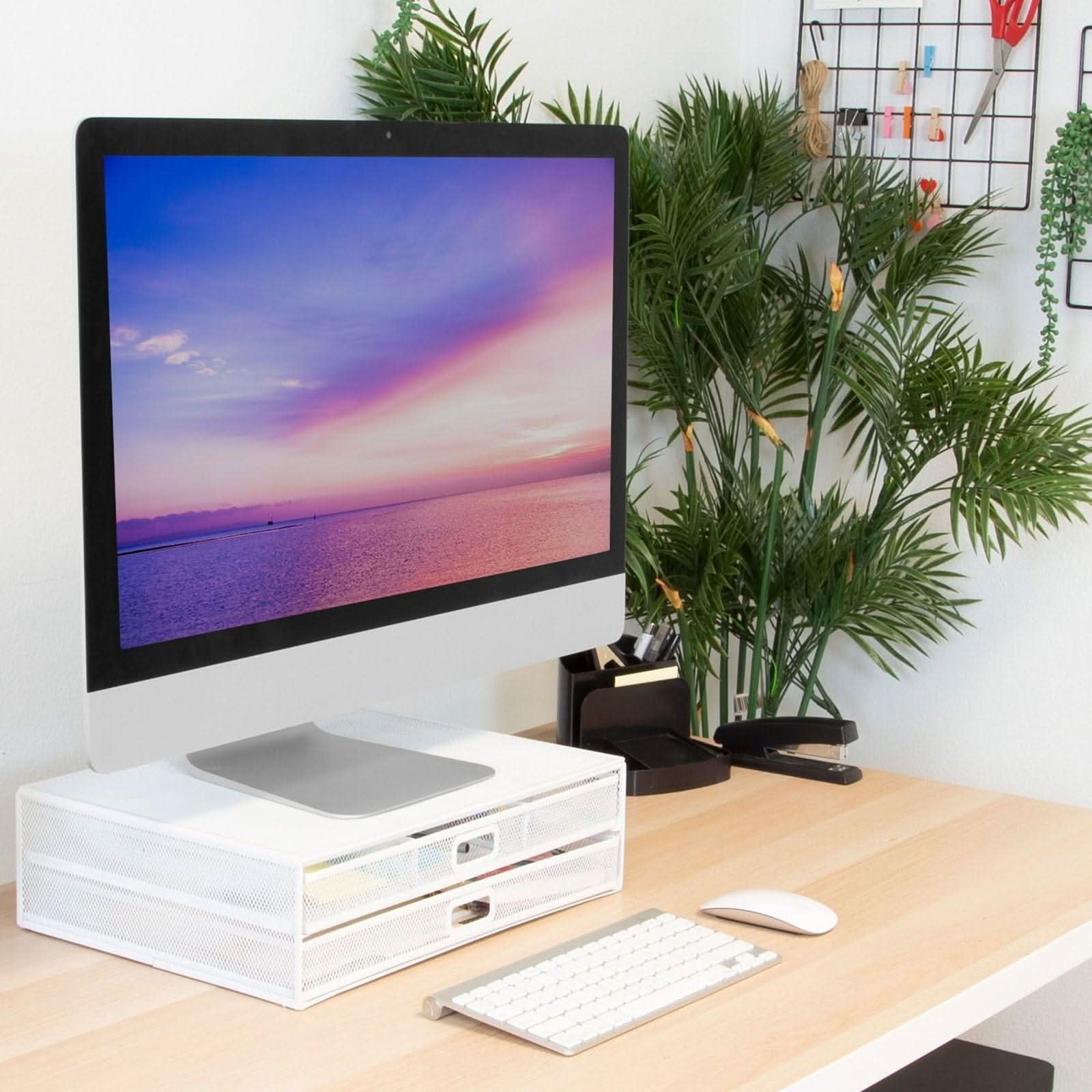 Angle. Mount-It! - Mesh Computer Monitor Stand with Dual Storage Drawers & Ventilated Surface for Up to 32" Screens, White - White.