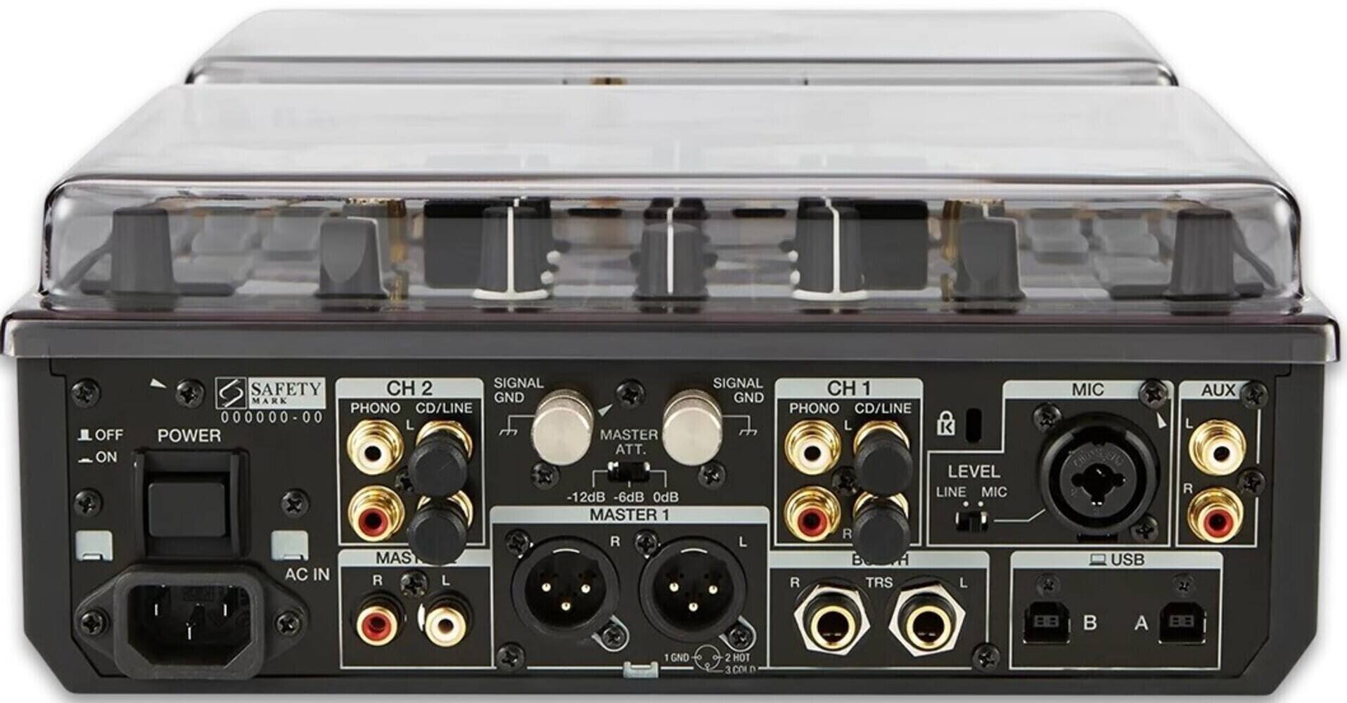 Sure, here is the corrected and grouped text from the image:

**Left Side:**
- OFF ON
- POWER
- AC IN
- MASTER
- GND
- PHONO CD/LINE
- 000000 - 00

**Center:**
- SAFETY
- CH 2
- SIGNAL GND
- PHONO CD/LINE
- MASTER ATT.
- -12dB -6dB 0dB
- MASTER 1
- R L
- USB
- AUX
- TRS
- MIC

**Right Side:**
- CH 1
- SIGNAL GND
- PHONO CD/LINE
- LEVEL LINE MIC
- R L
- TRS
- USB
- AUX
- A B

**Additional Labels:**
- 22
- A 1 GND
- 2 HOT
- 3 COL
- 200V~