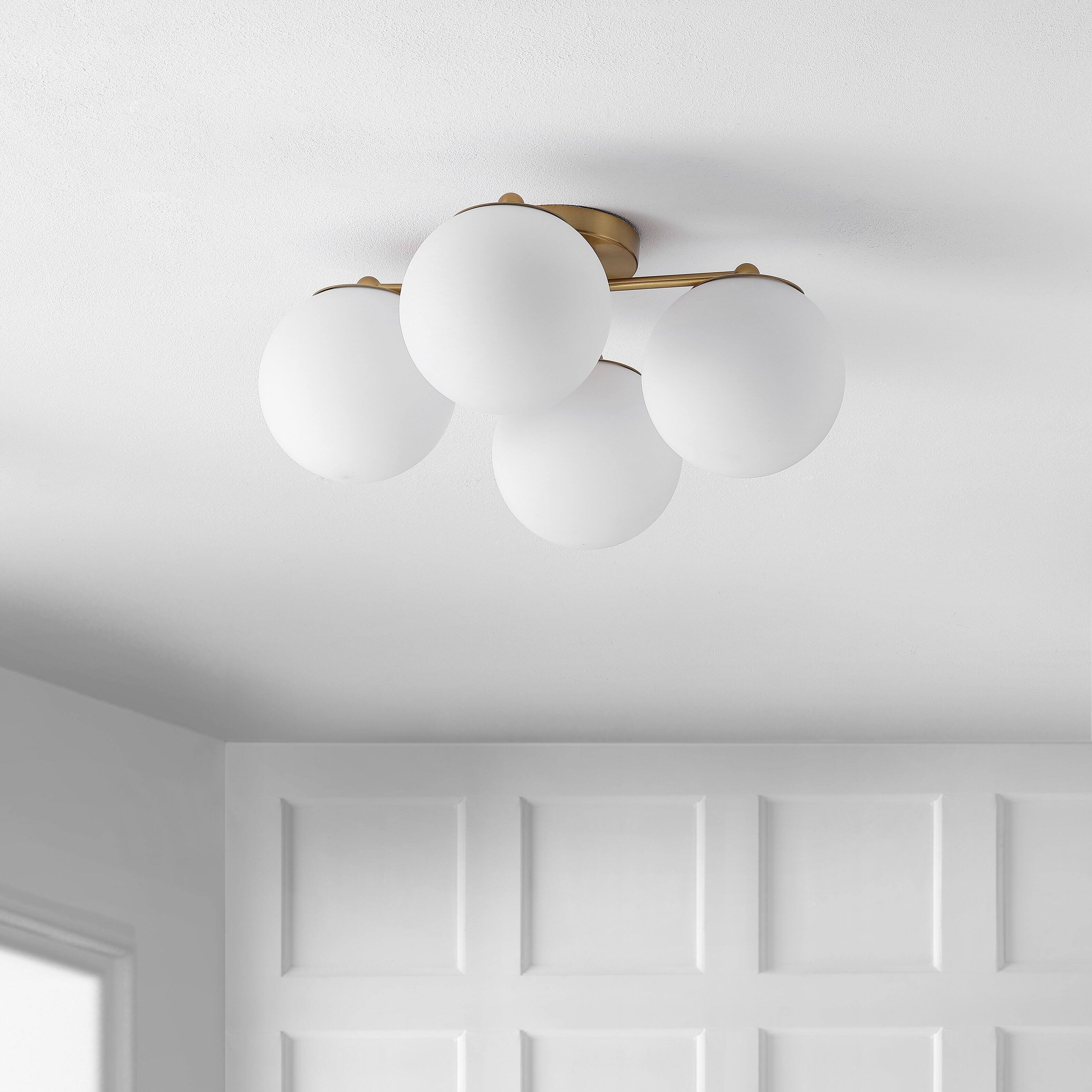Alt View 4. Jonathan Y - Orly 18" 4-Light Bohemian Farmhouse Iron/Frosted Glass LED Semi Flush Mount, Brass Gold/White - Brass Gold.
