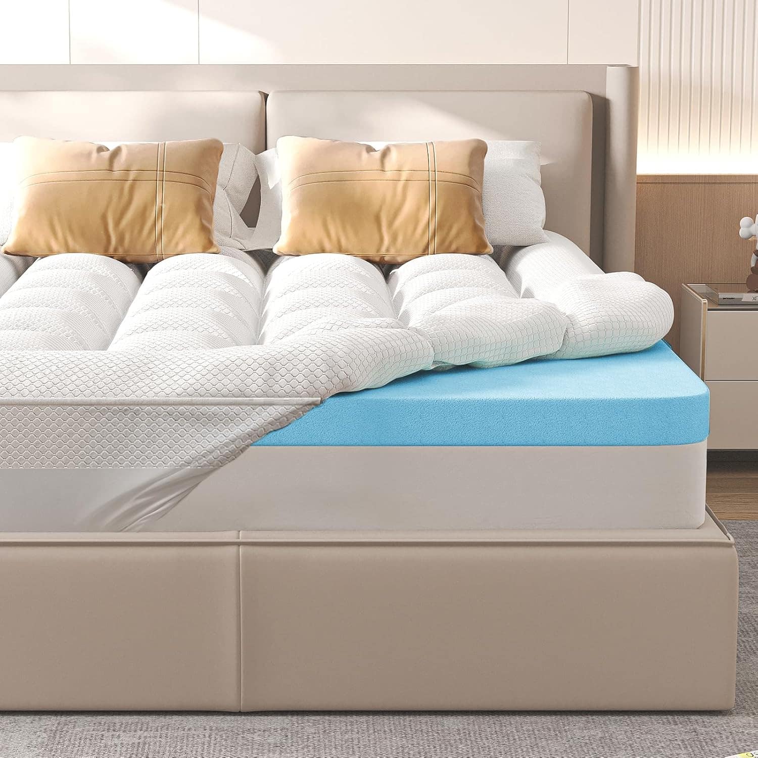 Front. KERDOM - 3" Cooling Gel Memory Foam Mattress Topper, Two Layer Bed Topper Washable Cover, RV Mattress Camping, New Home Gift - White.