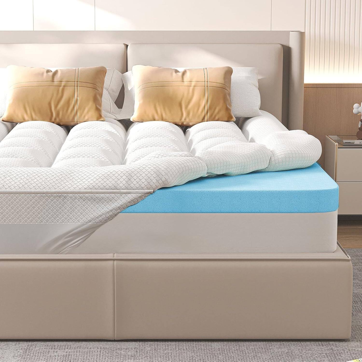 Front. KERDOM - 3" Cooling Gel Memory Foam Mattress Topper, Two Layer Bed Topper Washable Cover, RV Mattress Camping, New Home Gift - White.