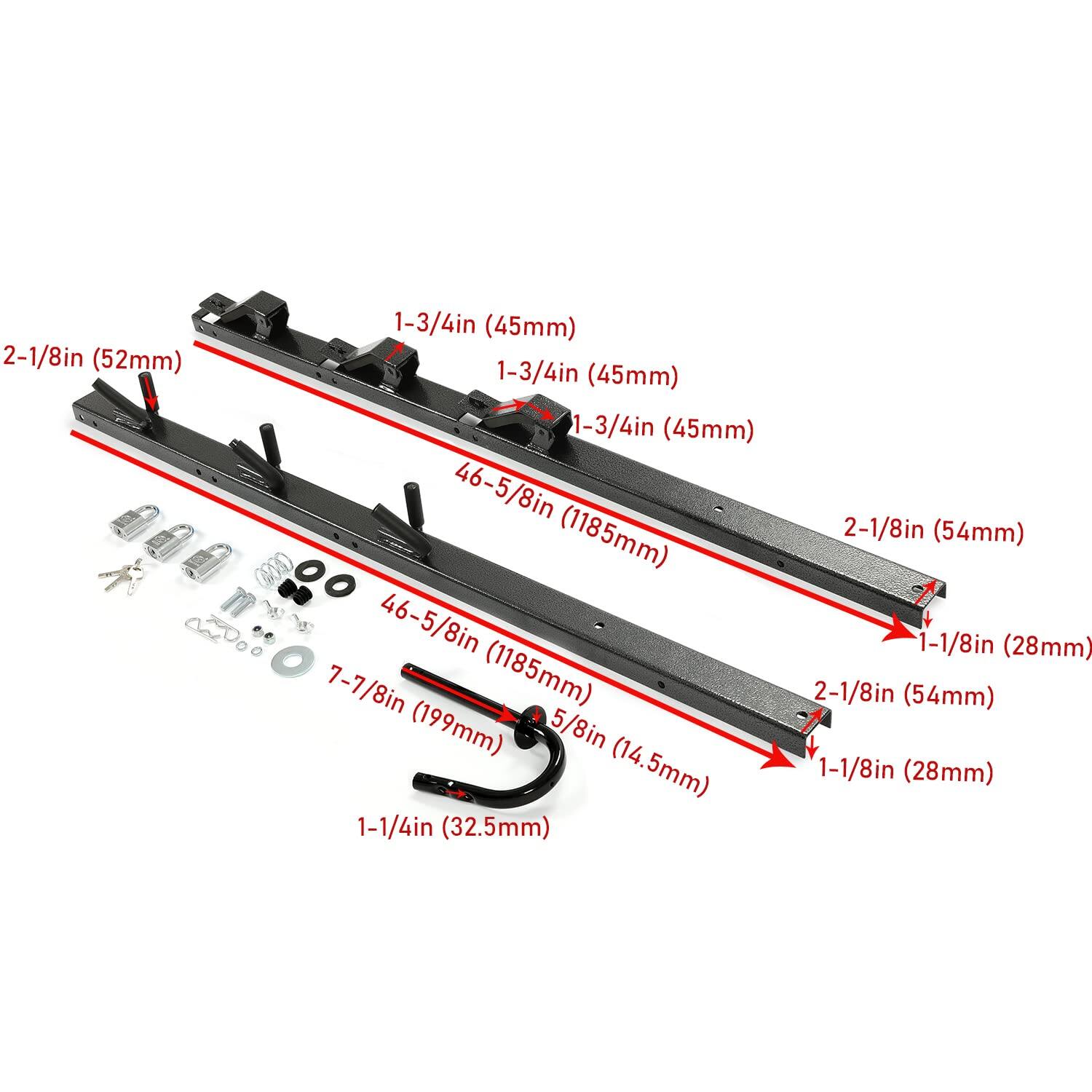 2-1/8in (52mm)  
1-3/4in (45mm)  
1-3/4in (45mm)  
1-3/4in (45mm)  
46-5/8in (1185mm)  
46-5/8in (1185mm)  
7-7/8in (199mm)  
5/8in (14.5mm)  
1-1/4in (32.5mm)  
2-1/8in (54mm)  
1-1/8in (28mm)  
2-1/8in (54mm)  
1-1/8in (28mm)